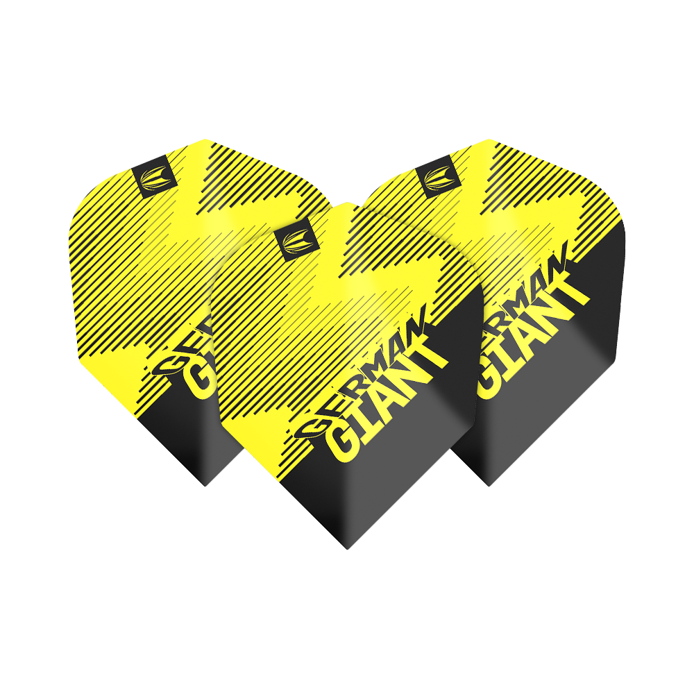 TG35_336200_Target_ProUltra_Gabriel_Clemens_Brass_No6_Yellow_Flights_1EHjOUHjirMeGT Das Bild zeigt drei gelbe Dartflights mit schwarzem Muster und der Aufschrift "GERMAN GIANT". Es handelt sich um das Produkt "Target ProUltra Gabriel Clemens Brass No6 Yellow Flights".