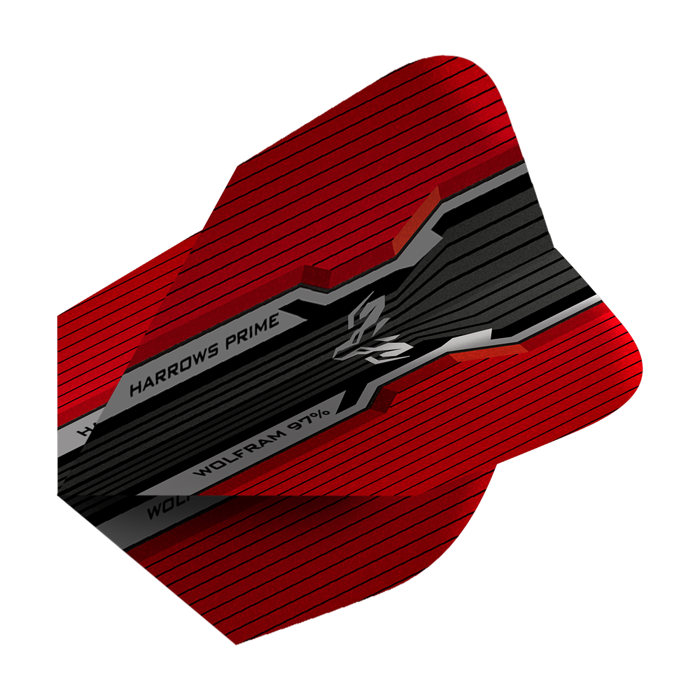 HR7514_Harrows_Prime_Wolfram_Infinity_No2_Standard_Flights_2 Das Bild zeigt einen Harrows Prime Wolfram Infinity No2 Standard Flight in den Farben Rot und Schwarz. Auf dem Flight sind die Aufschriften "HARROWS PRIME" und "WOLFRAM 97%" zu sehen.