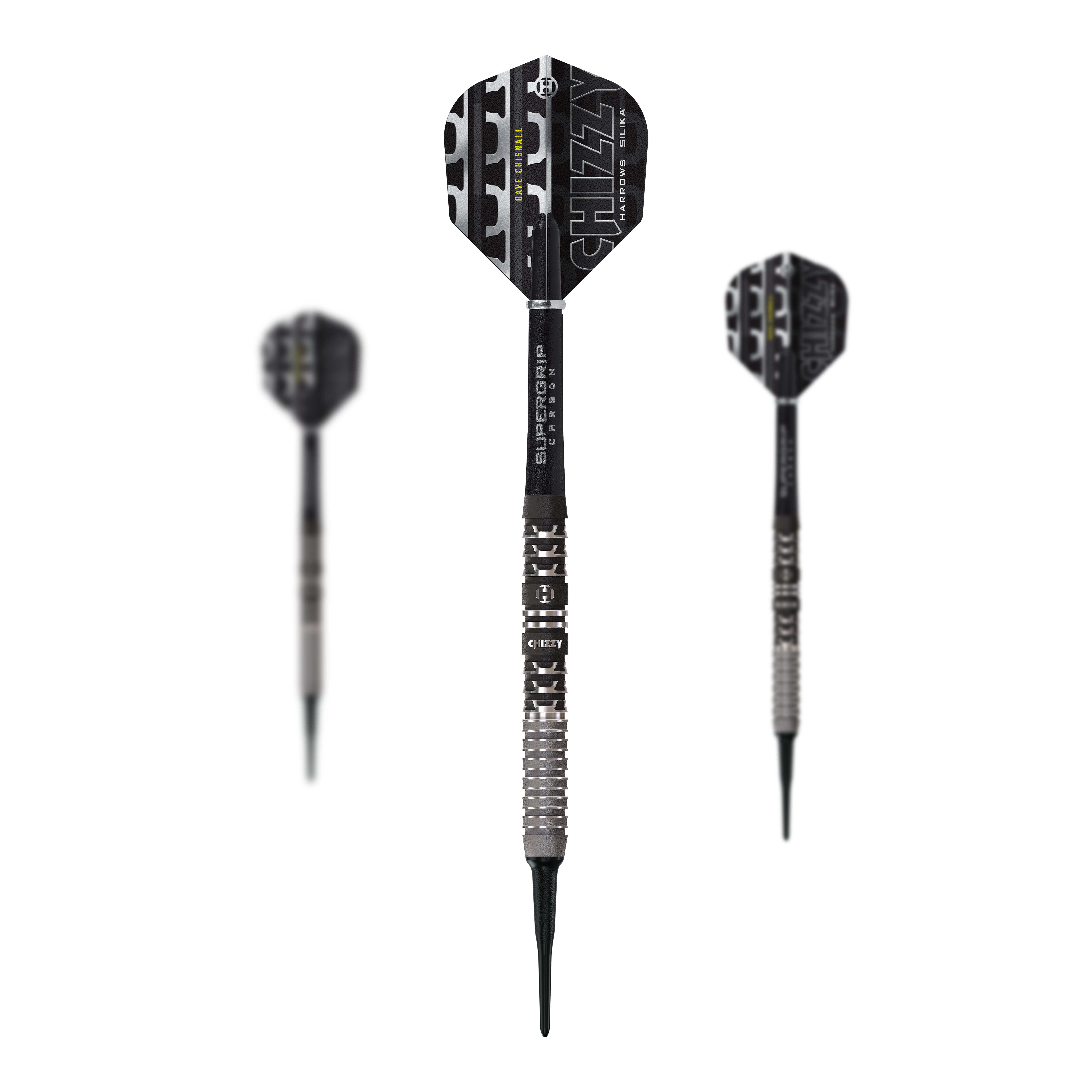 Zu sehen ist das Set der Harrows Dave Chisnall Chizzy Series 4 Softdarts. Das Produkt ist für Dartspieler geeignet, die Softdarts bevorzugen.