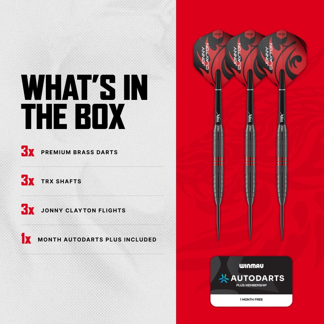 Red Dragon Jonny Clayton Core Brass Steeldarts - 21g Abgebildet sind die Red Dragon Jonny Clayton Core Brass Steeldarts - 21g. Die Darts liegen in einer Reihe und ihre Spitzen sind gut sichtbar.