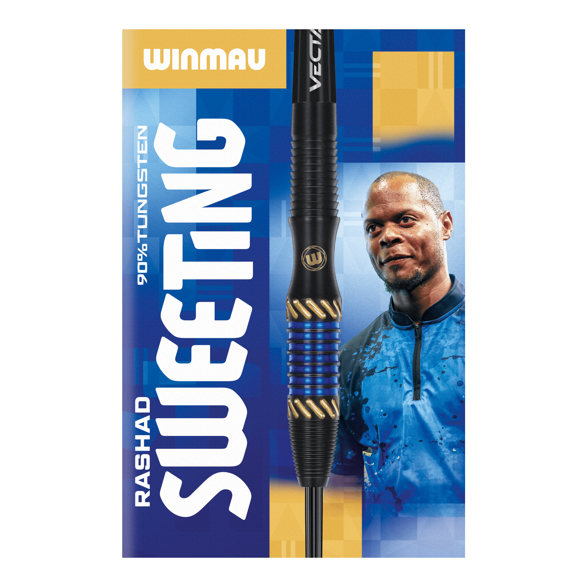 Winmau Rashad Sweeting Steeldarts - 24g Das Bild zeigt die Verpackung der "Winmau Rashad Sweeting Steeldarts - 24g". In der Mitte ist ein Dartpfeil abgebildet, daneben ist eine Person in einem blauen Outfit zu sehen.