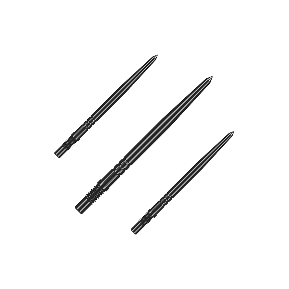 Shot Turbo Point Dart Tips - Black Mehrere schwarze Dartspitzen gleicher Bauart liegen nebeneinander. Die Spitzen sind ein Zubehör für Steeldarts.