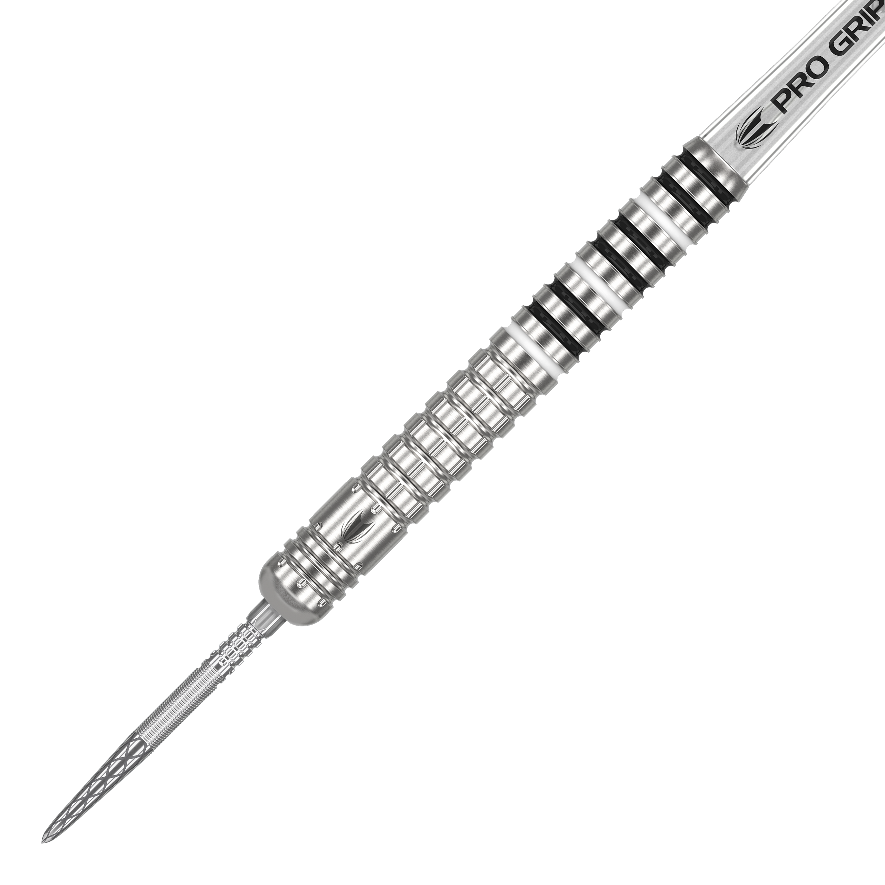 Target Chris Dobey GEN1 Swiss Point steel darts Das Bild zeigt einen silbernen Steeldartpfeil mit einem detailreich gearbeiteten Griff. Auf dem Schaft steht "PRO GRIP" und der Pfeil hat mehrere schwarze Ringe als Markierungen.