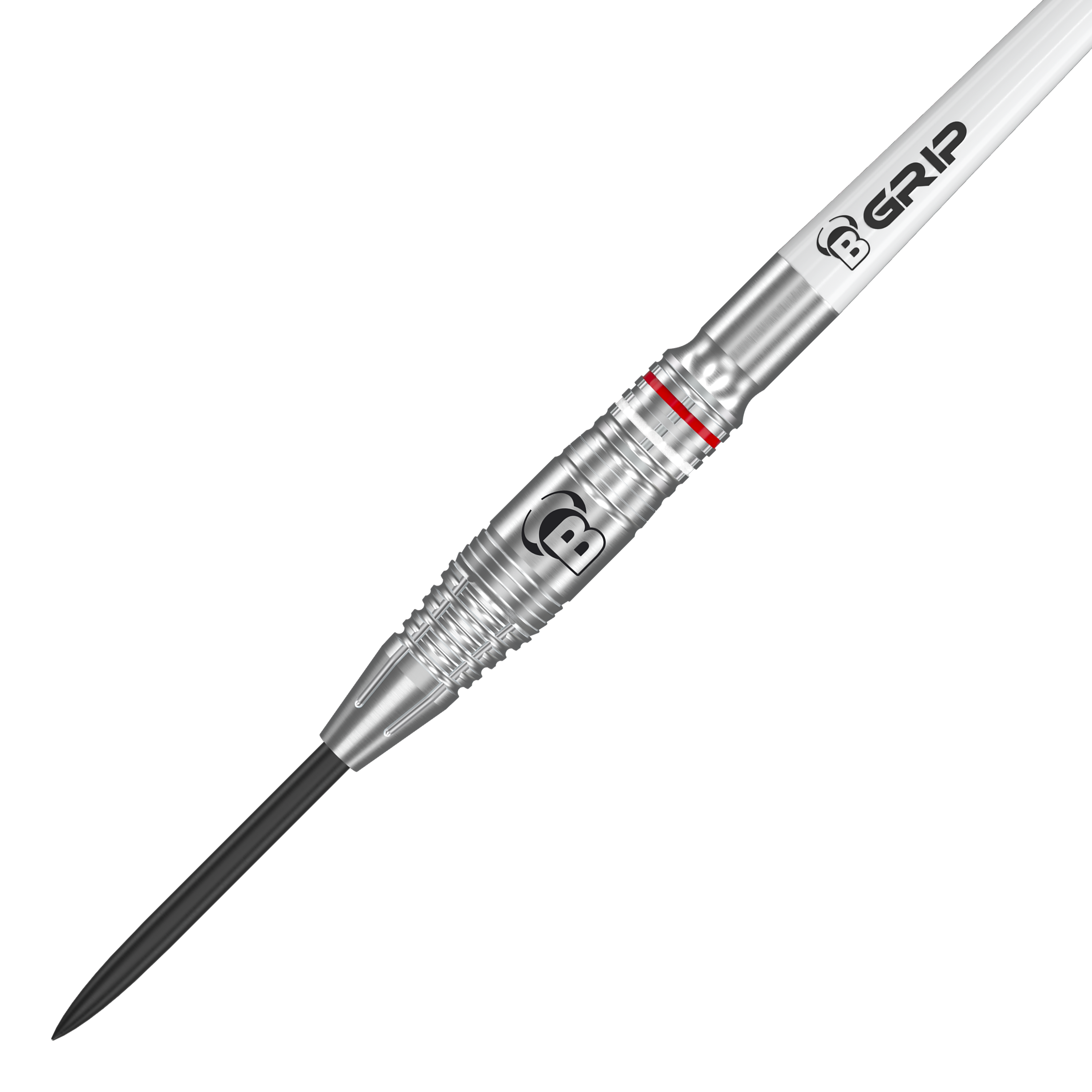 Das Bild zeigt einen Bulls Niko Springer Steeldart. Der Dart ist silberfarben mit einem gezackten Griff und einem schwarzen Spitzenteil.