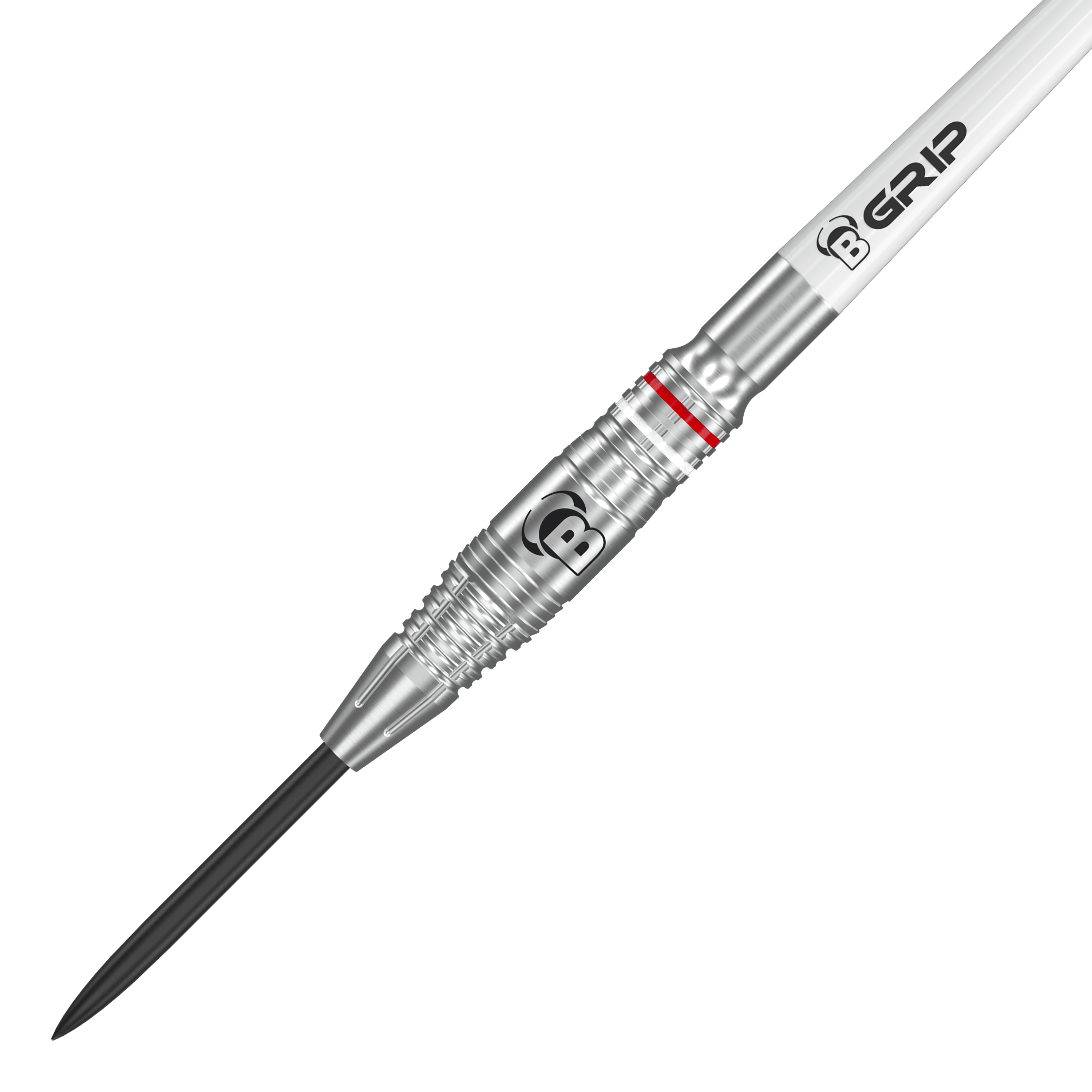 Bulls Niko Springer steel darts Das Bild zeigt einen Bulls Niko Springer Steeldart. Der Dart ist silberfarben mit einem gezackten Griff und einem schwarzen Spitzenteil.