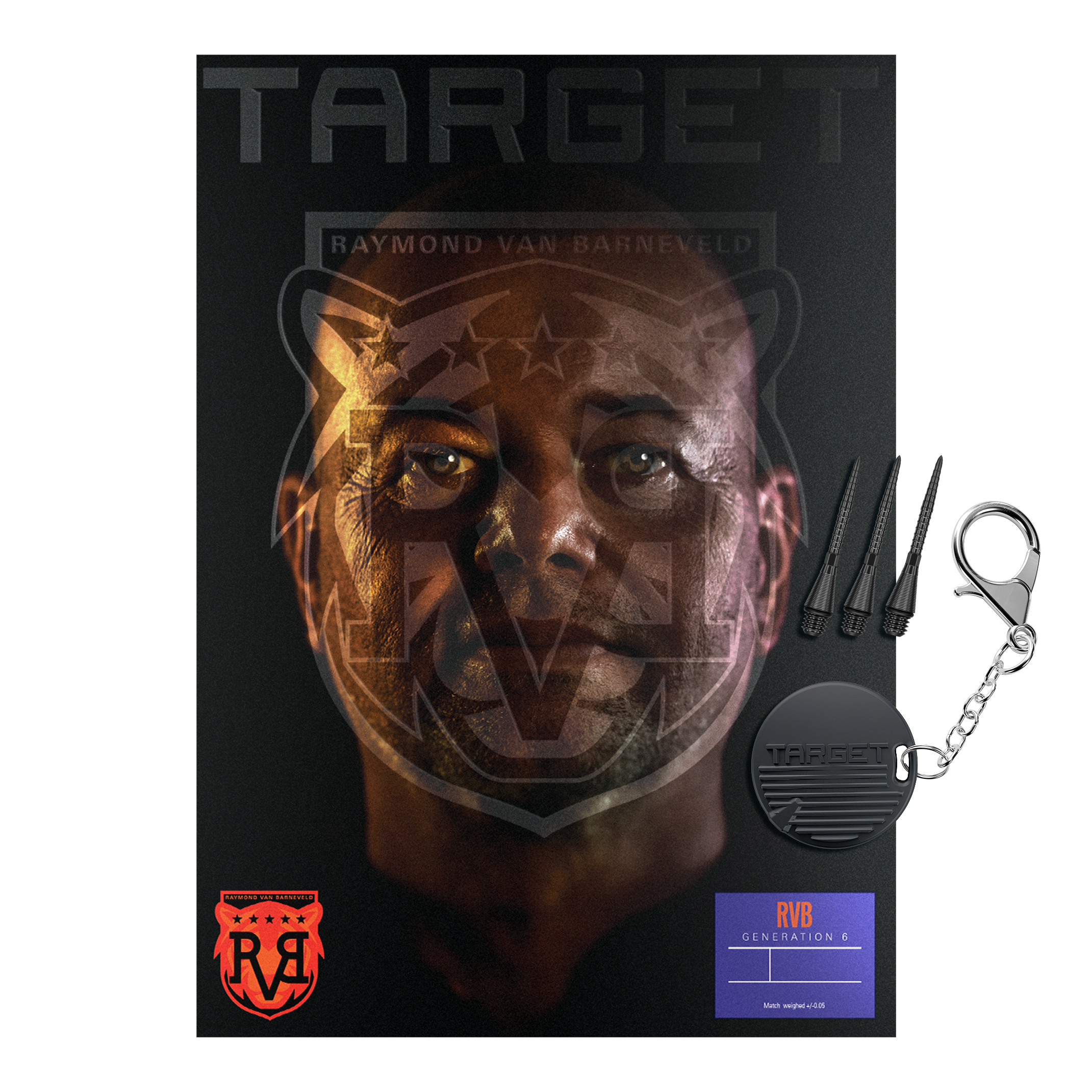 Zu sehen sind die Target Raymond Van Barneveld GEN6 Softdarts. Die Darts werden im Detail von der Seite dargestellt.