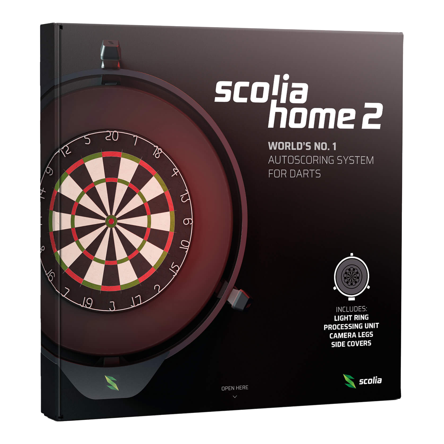Scolia Home 2 Electronic Autoscoring System with Lighting Ring 2026 Auf dem Bild ist die Verpackung des Produkts "Scolia Home 2 Electronic Score System mit Beleuchtungsring" zu sehen. Es handelt sich um ein automatisches Zählsystem für Dartspiele mit Licht, Kamerabeinen und Abdeckungen.