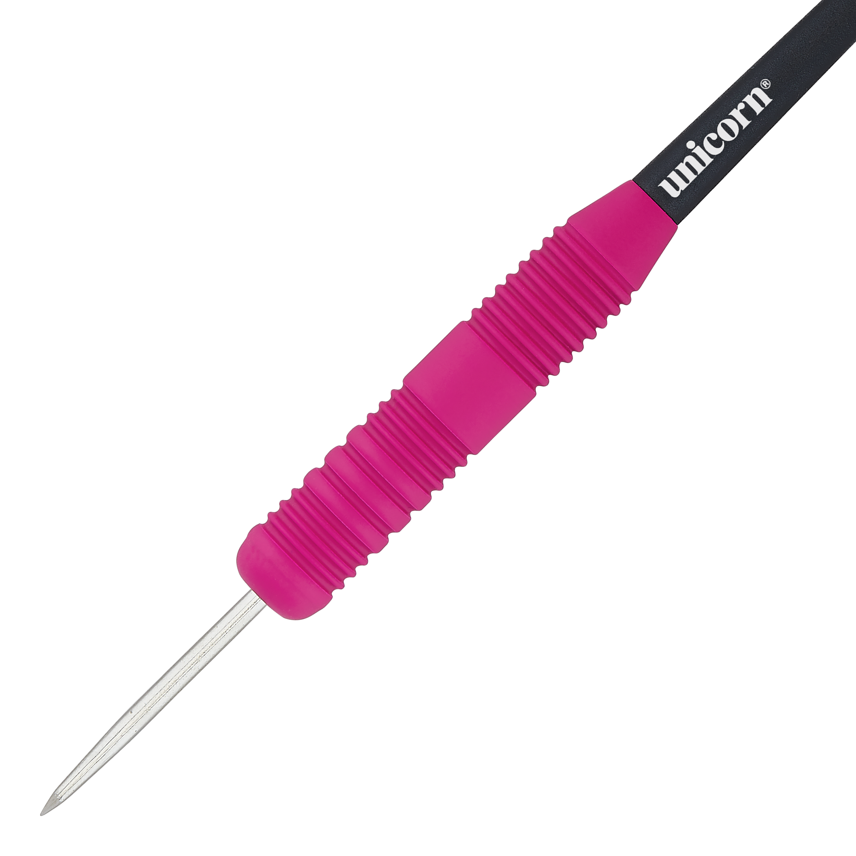 Unicorn Core Plus Rubberized Pink Steel Darts Das Bild zeigt einen Unicorn Core Plus Steeldart mit einem gummierten, pinken Griff. Der Dart hat eine silberne Spitze und einen schwarzen Schaft mit dem weißen "unicorn"-Logo.