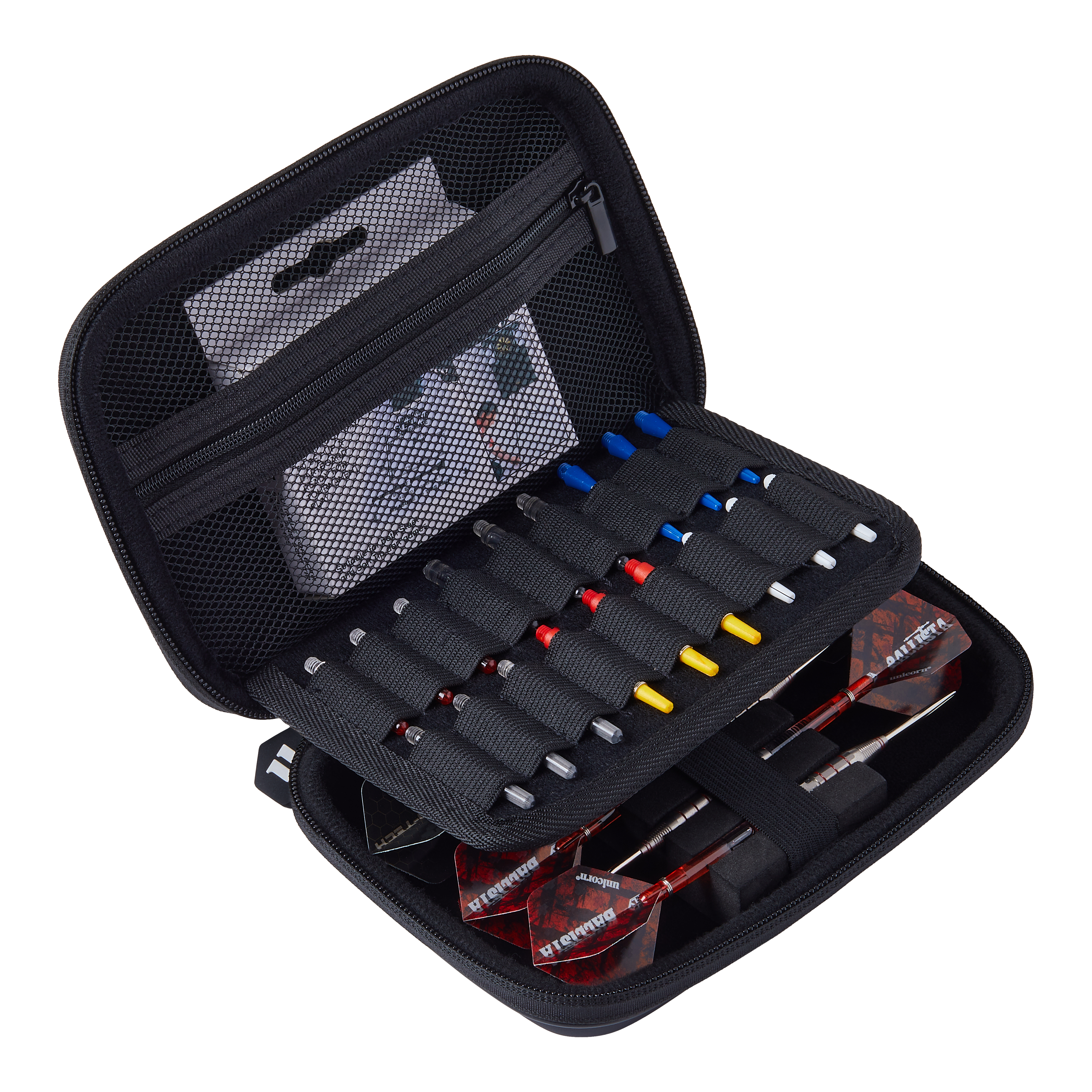 Unicorn Ultra Gary Anderson dart wallet Das Bild zeigt das Produkt "Unicorn Ultra Gary Anderson Dartwallet". Das Dartwallet ist offen und enthält mehrere Ersatzteile sowie zwei zusammengebaute Darts.