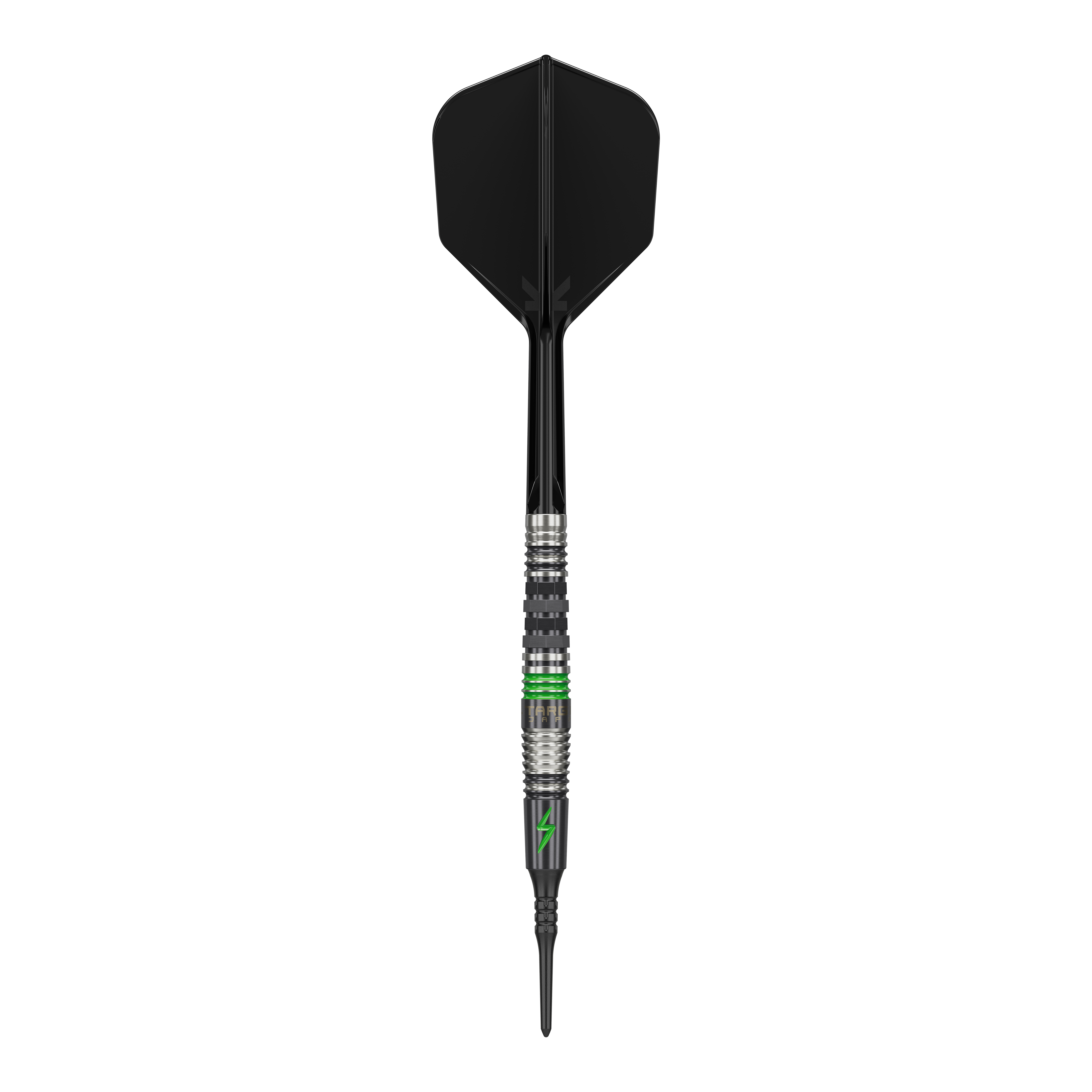 Target Japan Black Marque Lightning 3 Soft Darts - 19g Dieses Bild zeigt einen Softdart mit dem Namen "Target Japan Black Marque Lightning 3" mit einem Gewicht von 19g. Der Dart ist überwiegend schwarz mit silbernen und grünen Akzenten gestaltet.