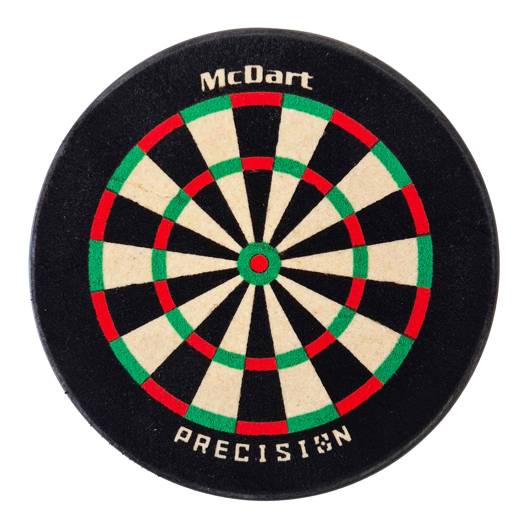 McDart Precision Mini Dartboard Dart Holder Das Bild zeigt eine kleine, runde Dartscheibe mit der Aufschrift „McDart“ und „PRECISION“. Die Scheibe hat die klassischen Farben Weiß, Schwarz, Rot und Grün.