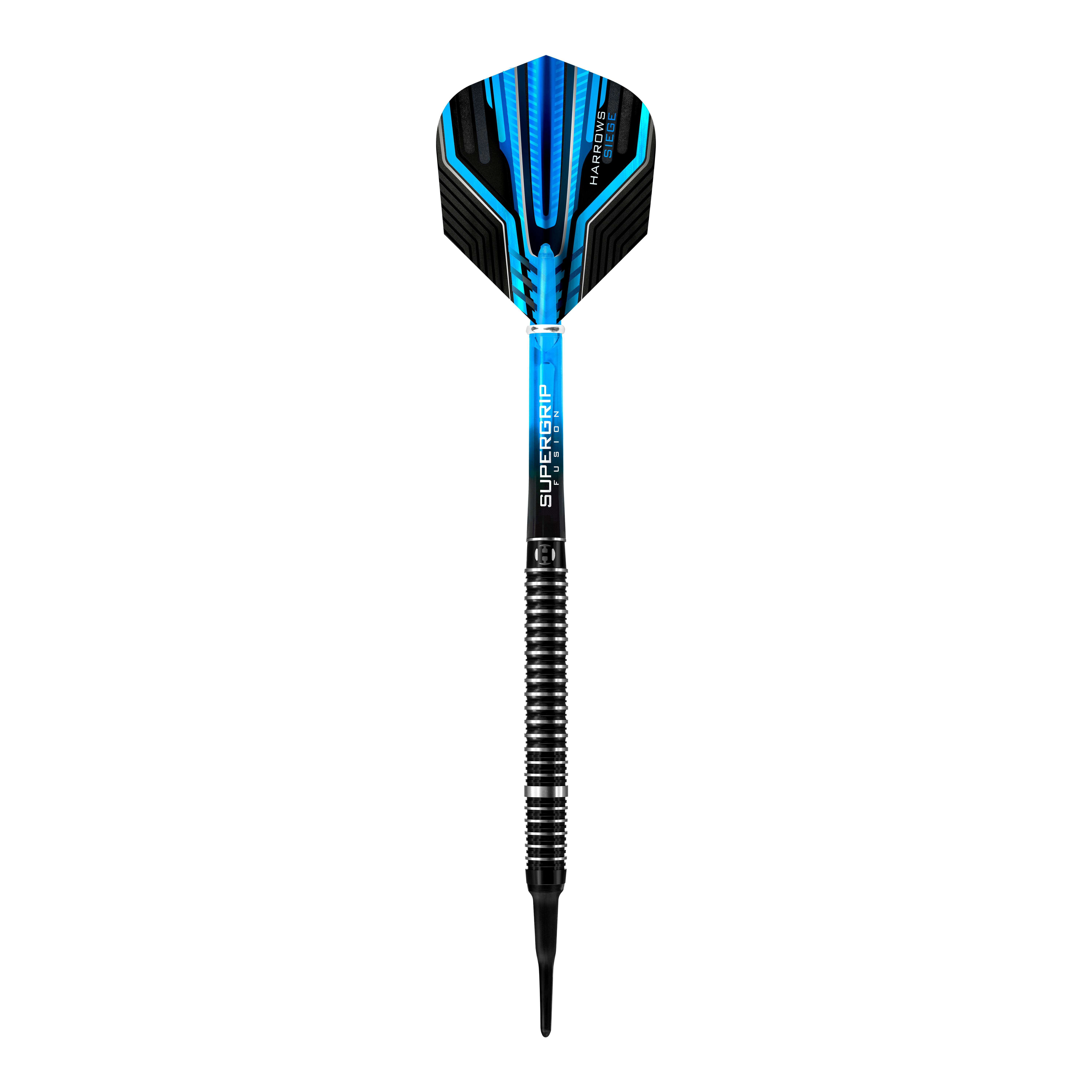 Harrows Siege Softdarts Dies ist ein Harrows Siege Softdart mit einem modernen, blauen Design. Der Dart hat einen schwarzen gerillten Griff und eine auffällige Flight.