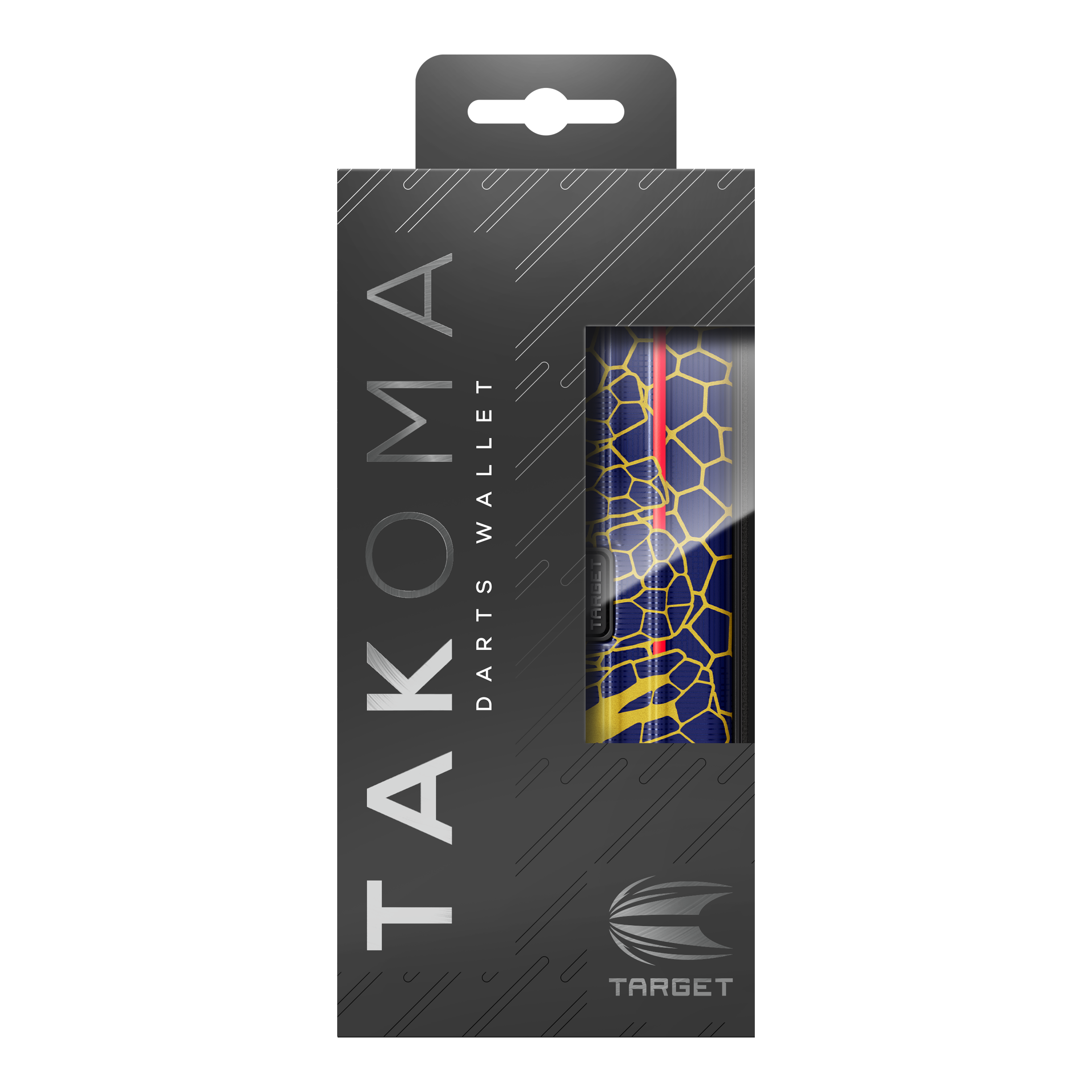 Target Takoma Josh Rock dart case Dies ist das Target Takoma Josh Rock Dartcase in einer eleganten schwarzen Verpackung. Durch das Sichtfenster sieht man das Design des Dartcases mit einem blauen und gelben Wabenmuster.