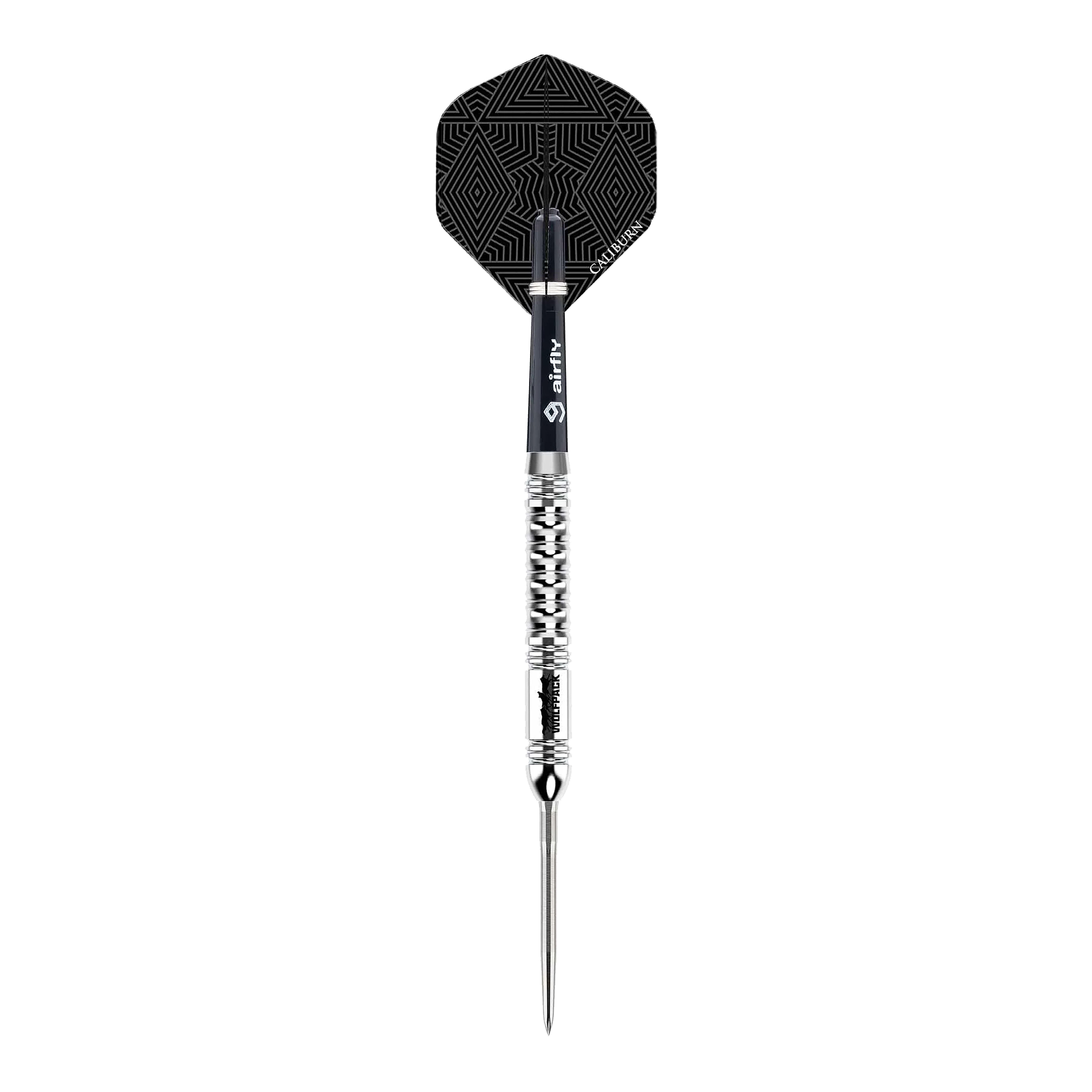 Caliburn Wolfpack W1 steel darts - 23g Der Caliburn Wolfpack W1 Steeldart wiegt 23,5 Gramm und hat ein auffälliges silbernes Design mit strukturiertem Griff. Die Flights sind schwarz mit einem geometrischen Muster versehen.