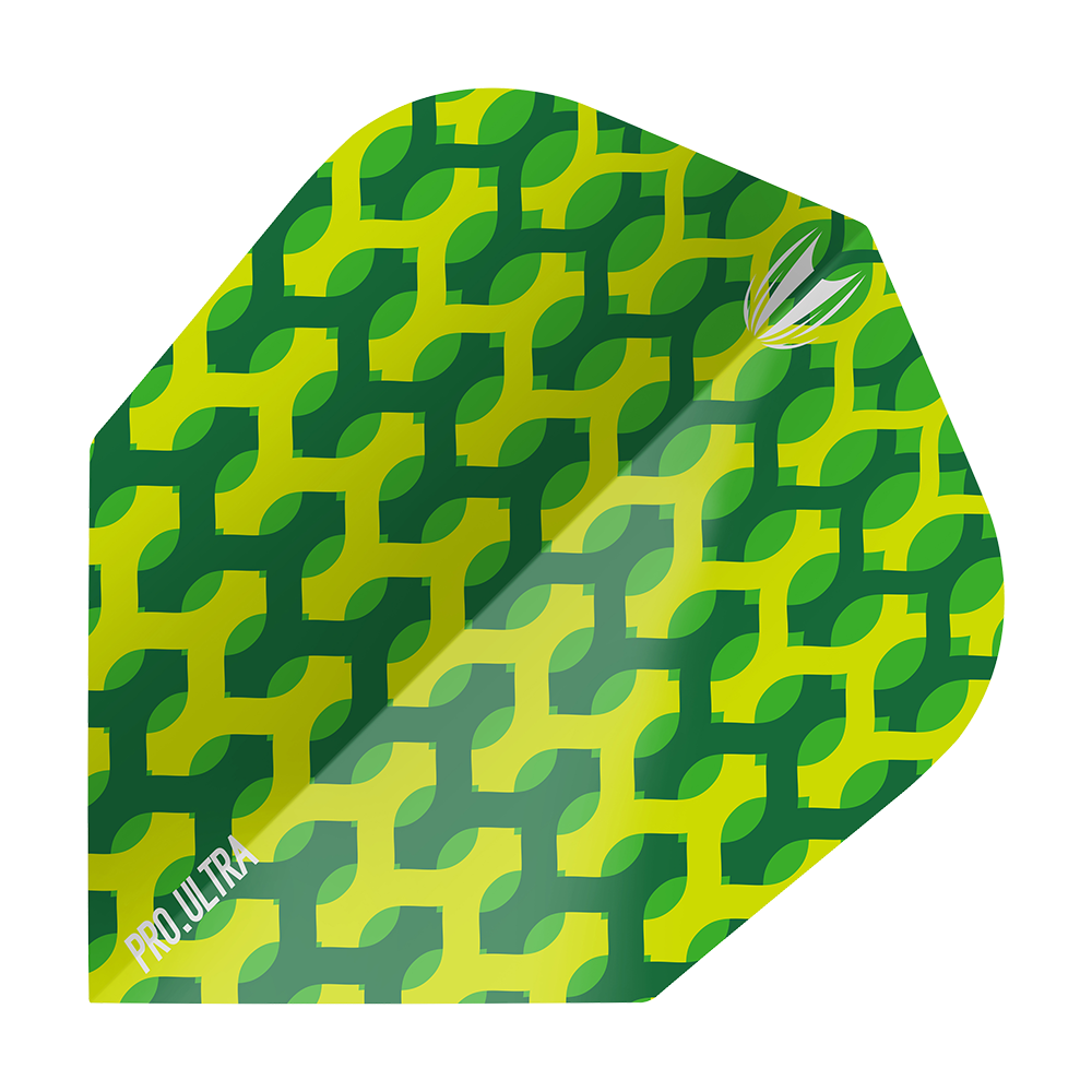 TG69_335230_Target_ProUltra_Fabric_Green_Ten-X_Flights_1 Das Bild zeigt das Produkt "Target ProUltra Fabric Green Ten-X Flights". Die Flight-Kappe hat ein grünes und gelbes Muster mit geometrischem Design.