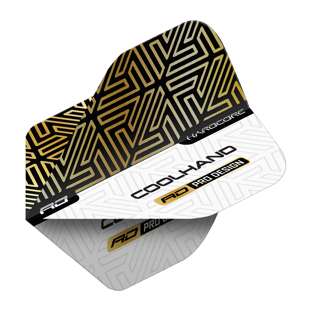 Red Dragon Hardcore Luke Humphries Gold White Premium Standard Flights Das Bild zeigt ein Dartflight mit einem gold-schwarzen und weißen geometrischen Muster. Auf dem Flight stehen die Wörter "COOLHAND", "RD PRO DESIGN" und "HARDCORE".