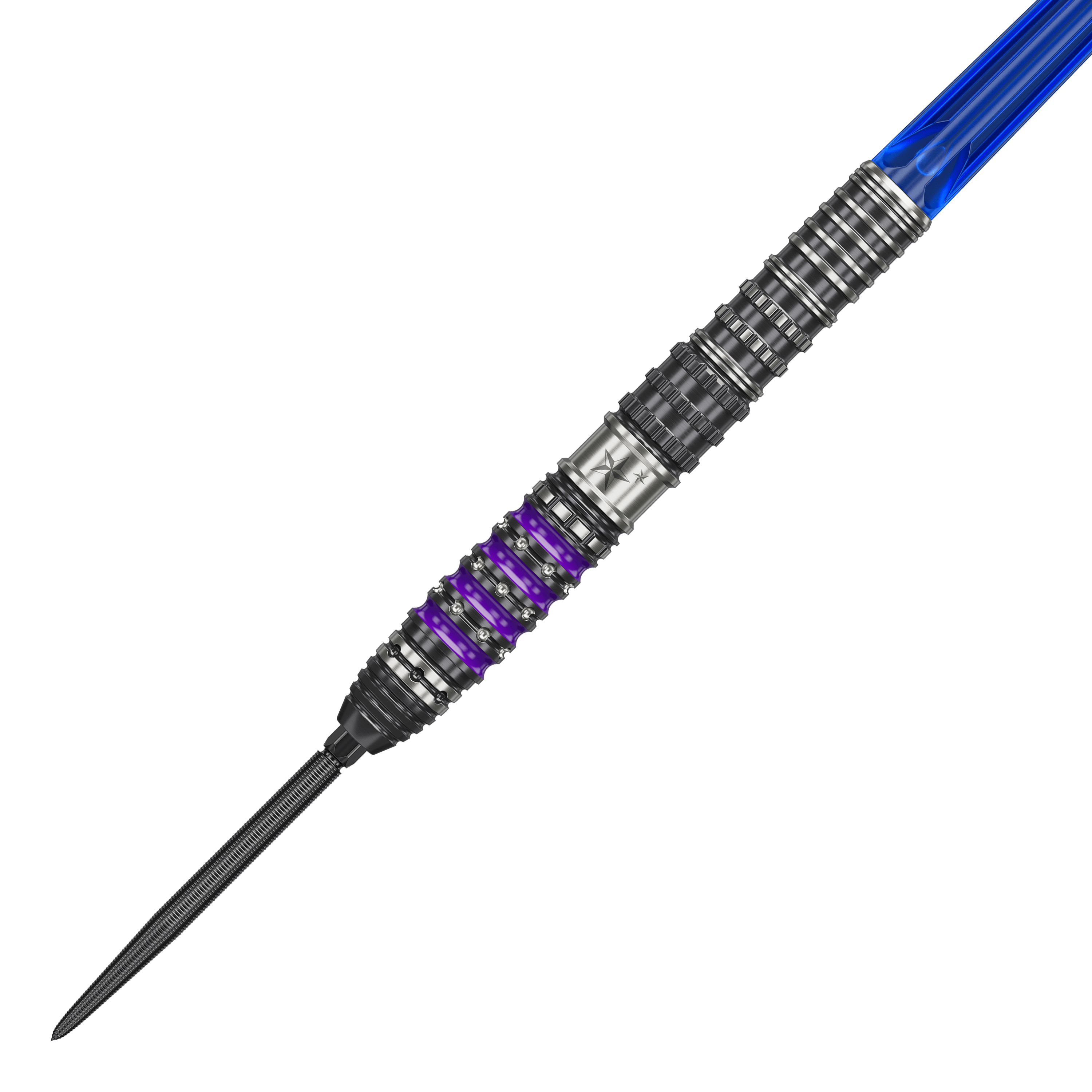 Target Japan Prime Series Sirius GEN4 Swiss Point Steel Darts Das Bild zeigt einen Target Japan Prime Series Sirius GEN4 Swiss Point Steeldart. Der Dart hat einen silbernen und schwarzen Schaft mit lila Akzenten und einer blauen Flight.