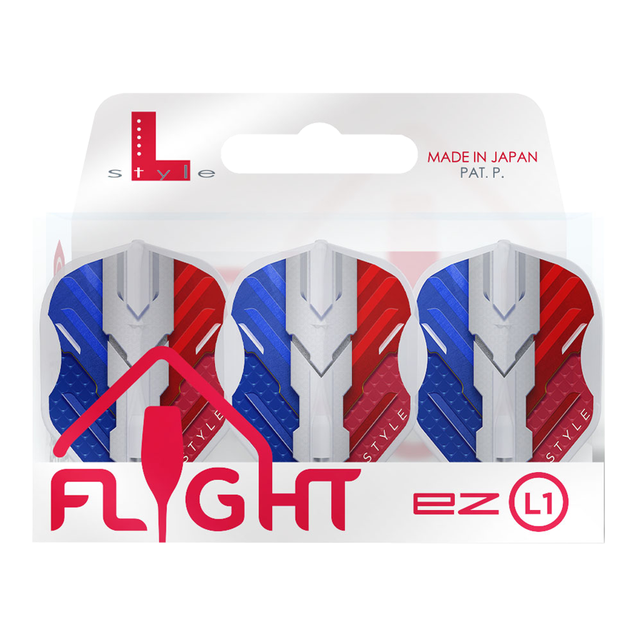 L-Style V-Series V1 Type B France Clear White L1EZ Flights Das Bild zeigt eine Packung L-Style V-Series V1 Type B France Clear White L1EZ Flights. Die Flights sind in den Farben Blau, Weiß und Rot gestaltet und werden in Japan hergestellt.