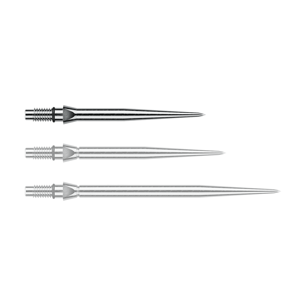 Winmau Switch Point Smooth steel dart tips - Silver Effect Das Bild zeigt eine silberne Steeldartspitze mit glattem Design. Die Länge beträgt vermutlich 26 mm.