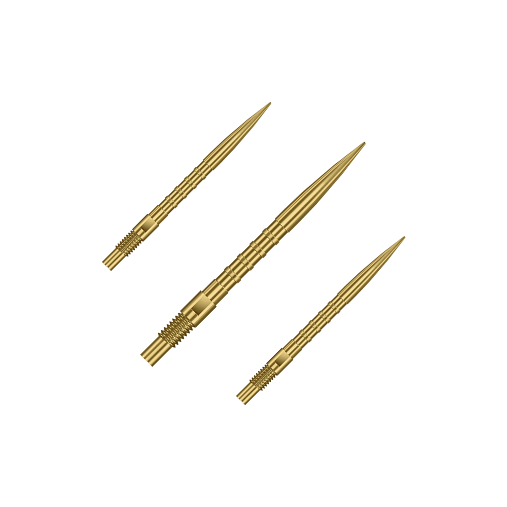 Harrows Quick Point Heavy Metal Dart Tips - Gold Abgebildet sind goldene Dartspitzen mit 26mm Länge, dargestellt als ein Set. Es handelt sich um Harrows Quick Point Heavy Metal Grip Dartspitzen Gold 26mm im Set.