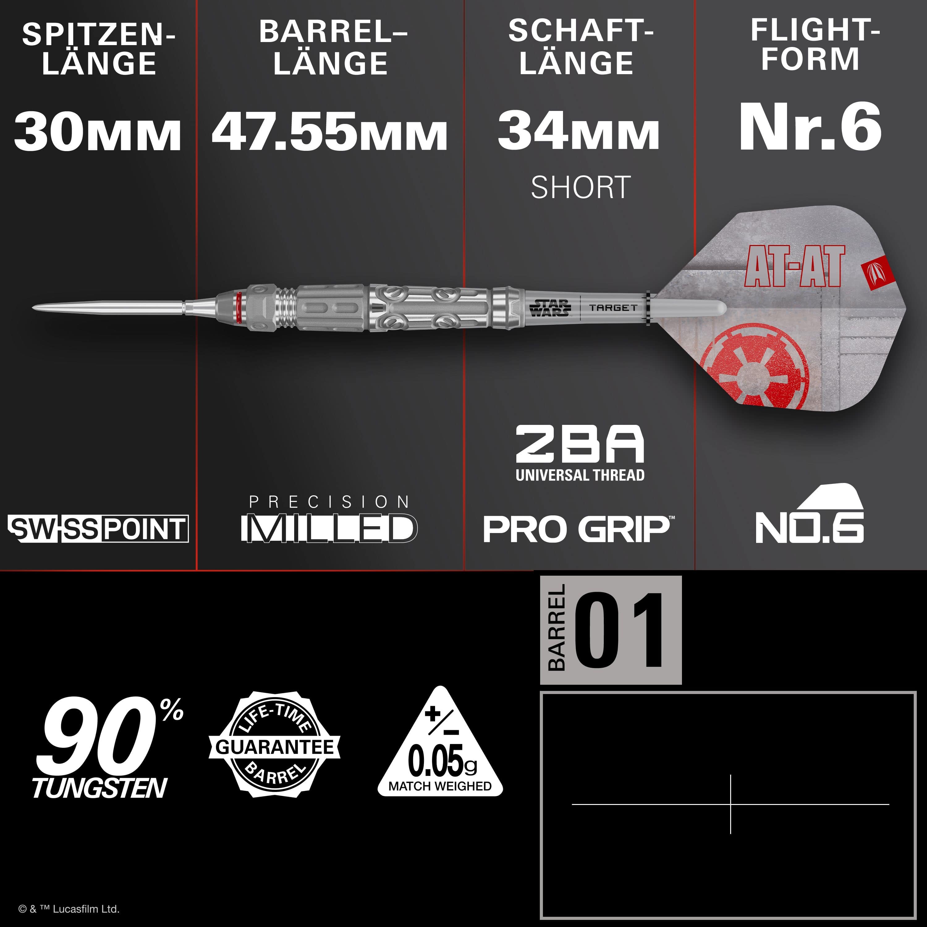 Das Bild zeigt die Target Star Wars AT-AT Swiss Point Steeldarts. Es handelt sich um hochwertige Steeldarts im Stil des Star Wars AT-AT.