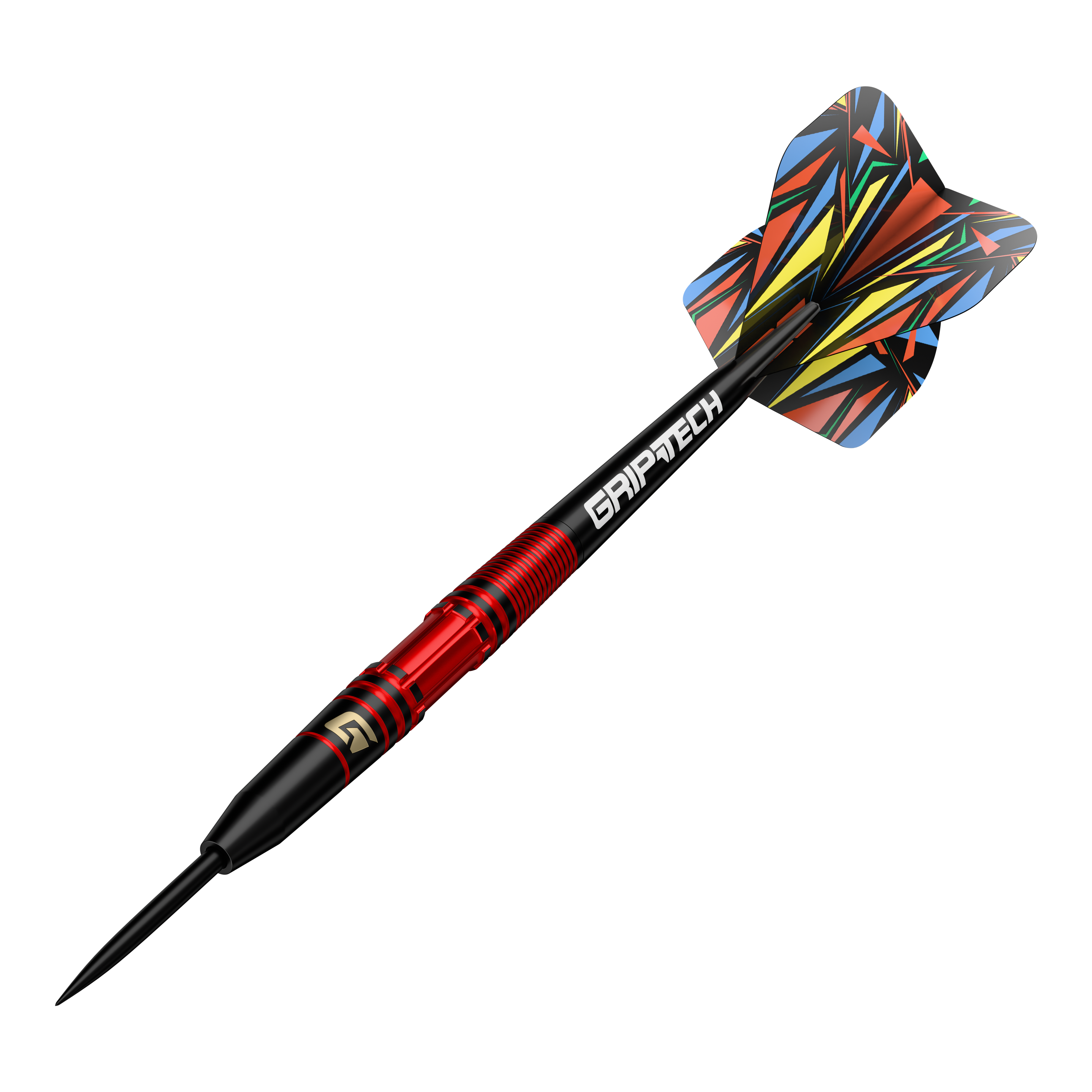 GOAT Athlete Red Brass Steeldarts - 11g Dies ist der GOAT Athlete Red Brass Steeldart mit einem Gewicht von 11g. Er hat ein auffälliges, bunt gemustertes Flight-Design und einen roten Griffbereich.