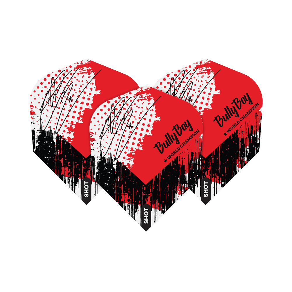 Shot Michael Smith Bully Boy Game Day No6 Flights Das Bild zeigt drei Dart-Flights mit einem roten, weißen und schwarzen Farbmuster. Auf den Flights steht „Bully Boy ★ WORLD CHAMPION“ und „SHOT“.