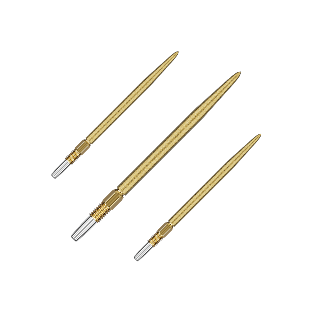 Target Swiss Point SLK dart tips - gold Das Bild zeigt drei goldene Dartspitzen mit silbernem Gewinde am Ende. Sie sind in einer diagonalen Anordnung auf grünem Hintergrund dargestellt.