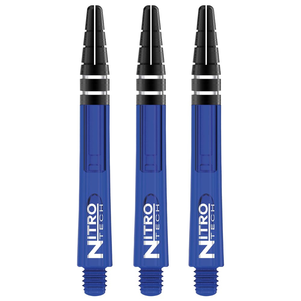 C450_Nitrotech_Medium_Blue_V Das Bild zeigt drei blaue RedDragon Nitrotech Shafts. Die Shafts haben schwarze und silberne Akzente und sind für Darts gedacht.