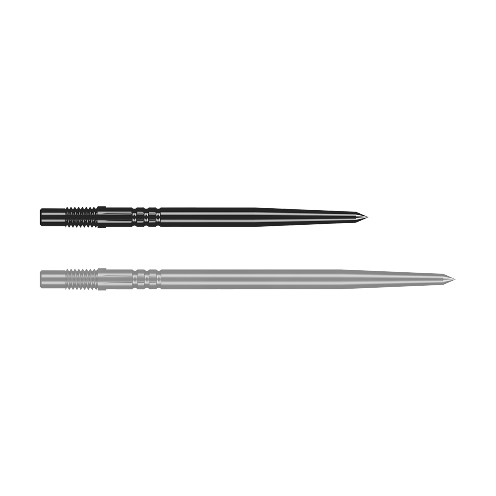 Shot Turbo Point Dart Tips - Black Das Bild zeigt eine schwarze Dartspitze in Detailaufnahme. Die Spitze ist schlank und stabil.