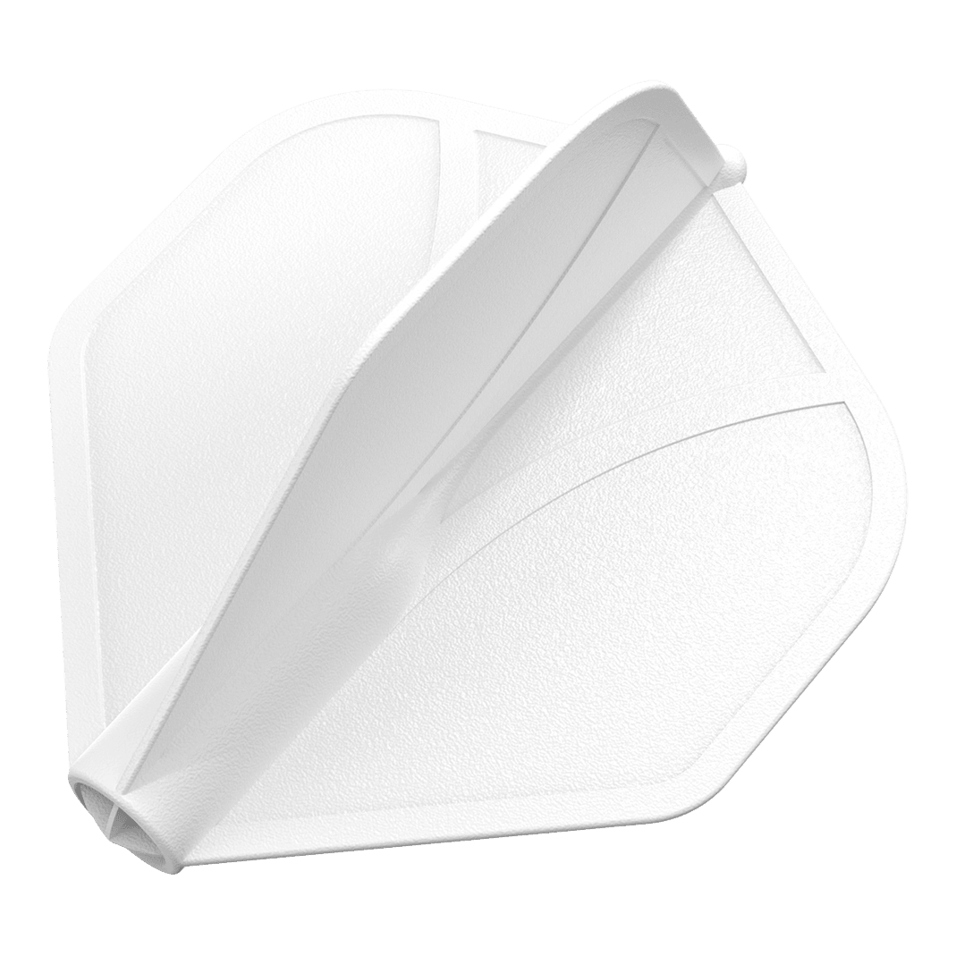 Shot Airfoil Molded No2 Standard Flights Das Bild zeigt eine weiße Dart-Flugfeder in Standardform. Die Oberfläche wirkt strukturiert und leicht glänzend.