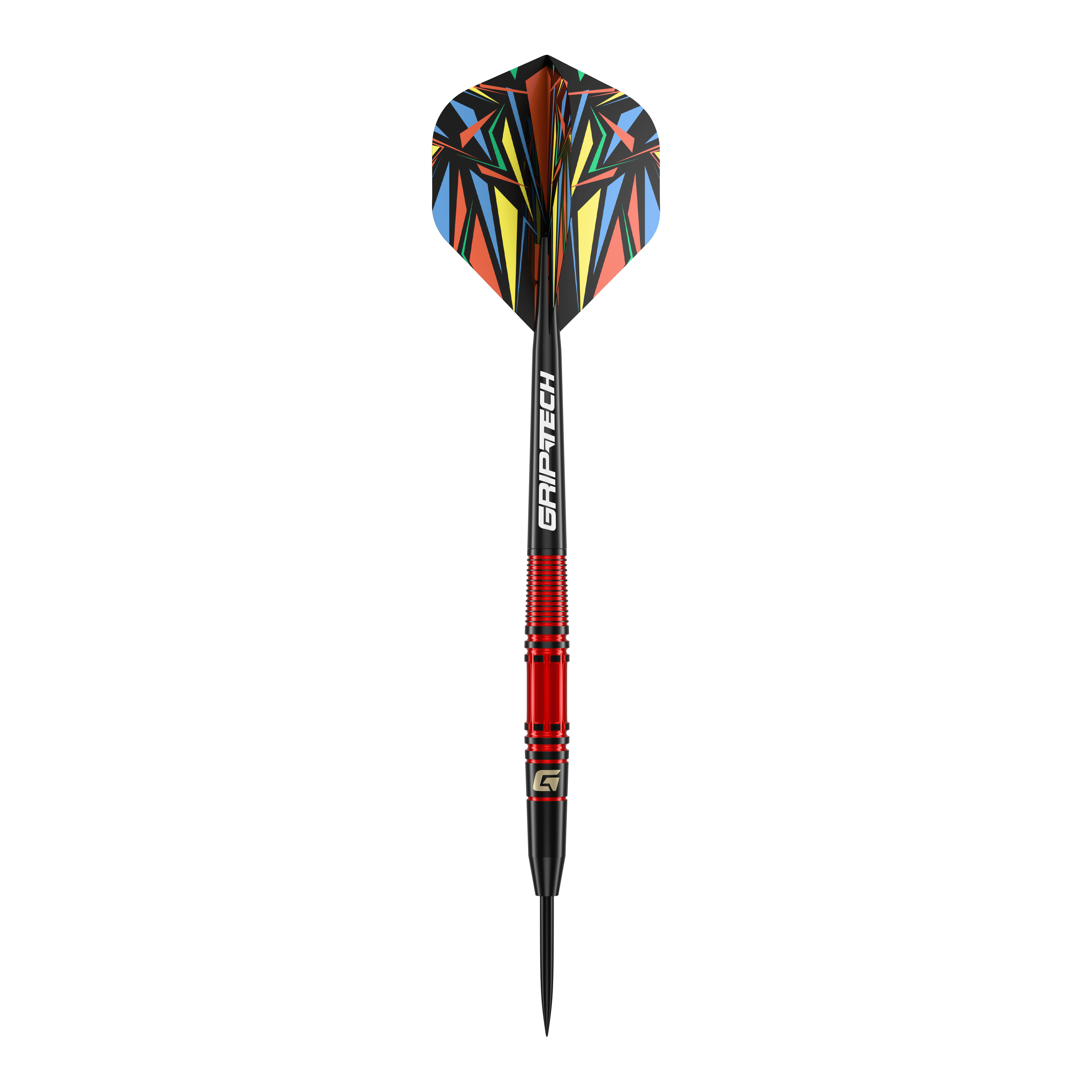 GOAT Athlete Red Brass Steeldarts - 11g Das Bild zeigt einen GOAT Athlete Red Brass Steeldart mit einem Gewicht von 11g. Er hat einen roten Schaft und bunte Flights mit geometrischen Mustern.