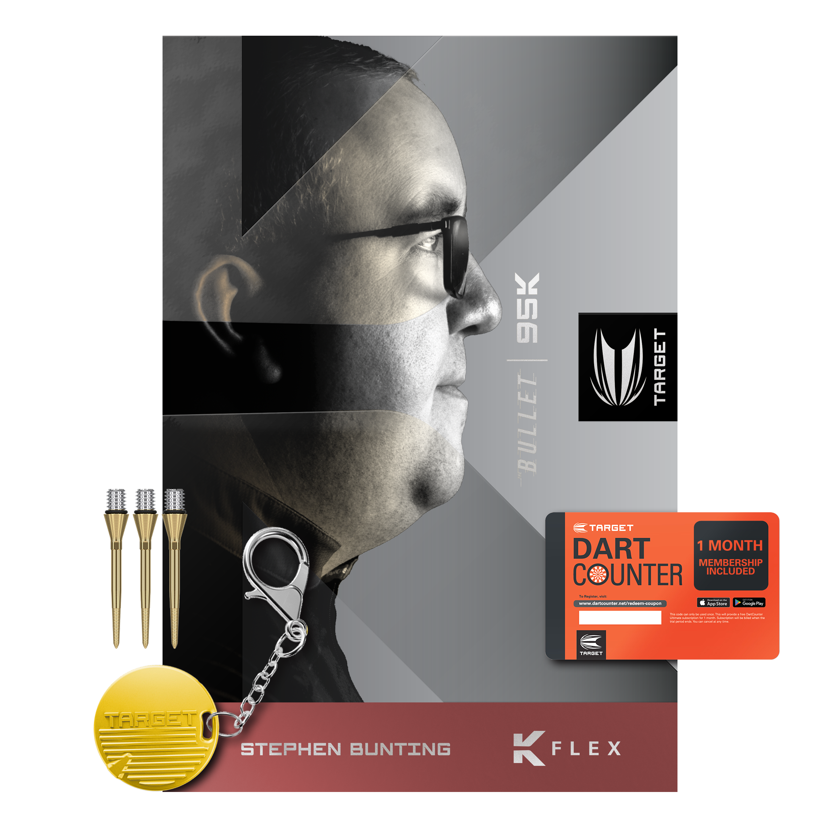 Target Stephen Bunting 95K Soft Darts - 19g Das Bild zeigt das Produkt "Target Stephen Bunting 95K Softdarts - 19g" mit Zubehör wie Dartspitzen, Schlüsselanhänger und einer Dart Counter Karte. Im Hintergrund ist ein Porträt von Stephen Bunting zu sehen.