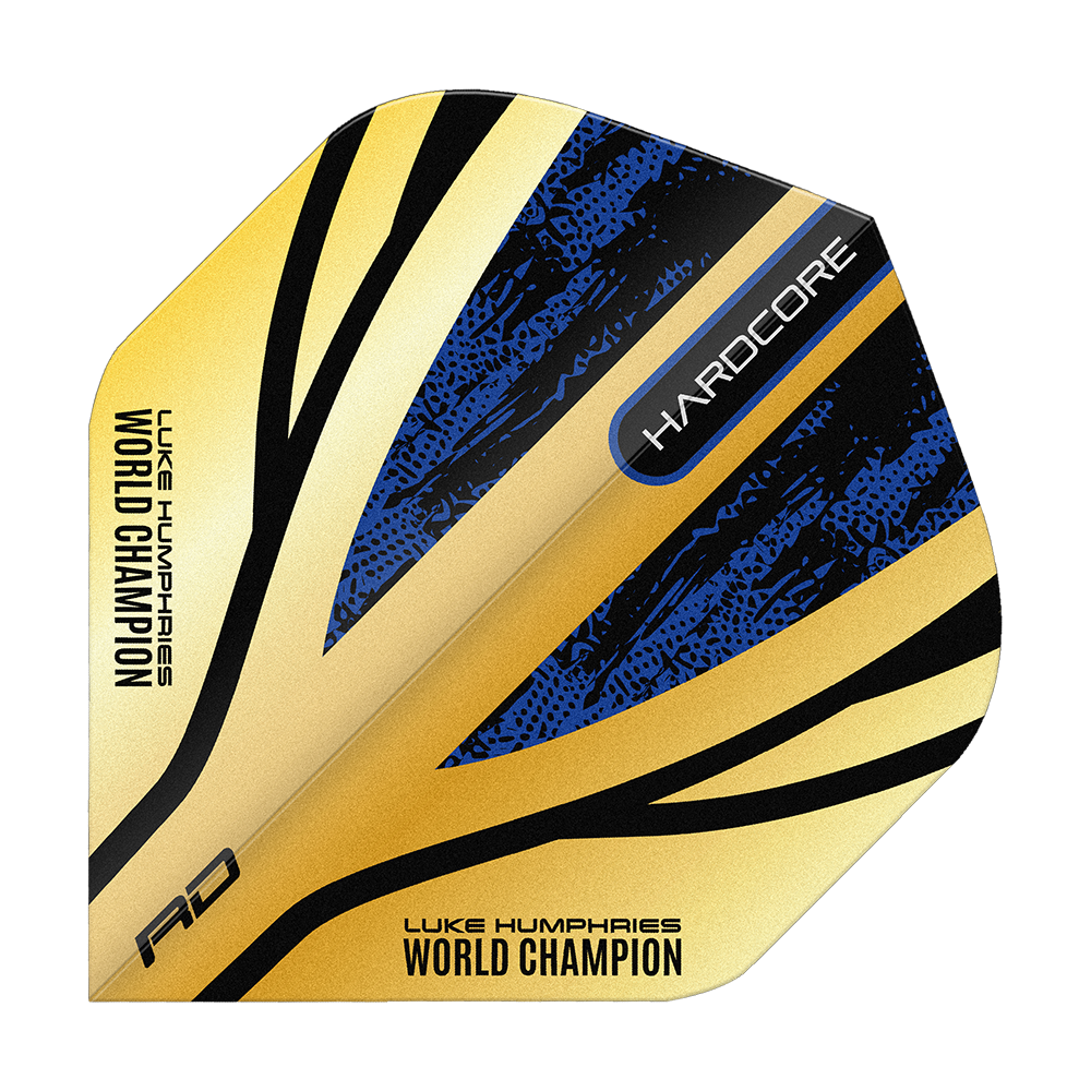 Red Dragon Hardcore Premium Luke Humphries Gold Standard Flights Das Bild zeigt das Produkt "Red Dragon Hardcore Premium Luke Humphries Gold Standard Flights". Die Darts-Flights sind gold, blau und schwarz und tragen die Aufschrift "WORLD CHAMPION" und "HARDCORE".