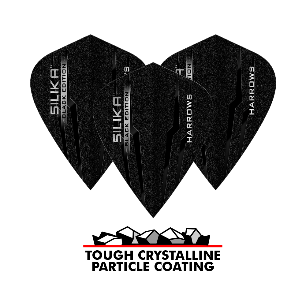 Harrows Silika Black Edition Kite Flights Das Bild zeigt drei schwarze Harrows Silika Black-Edition Kite Flights mit glänzender Beschriftung. Darunter steht „Tough Crystalline Particle Coating“ mit einer Grafik von Kristallen.