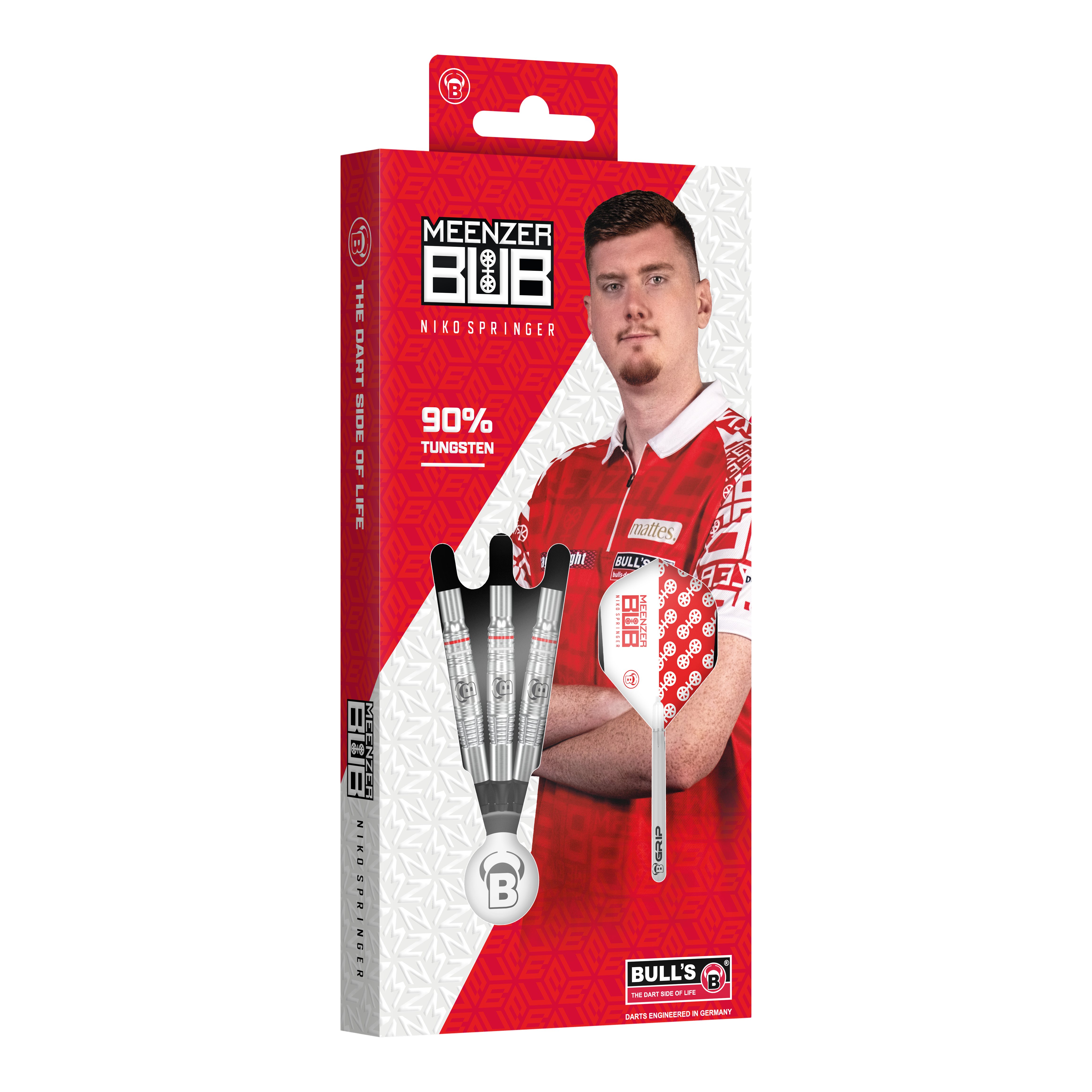 Bulls Niko Springer soft darts - 22g Auf dem Bild ist die Verpackung der "Bulls Niko Springer Softdarts - 22g" zu sehen. Die Packung zeigt drei Dartpfeile und ein Portrait von Niko Springer.