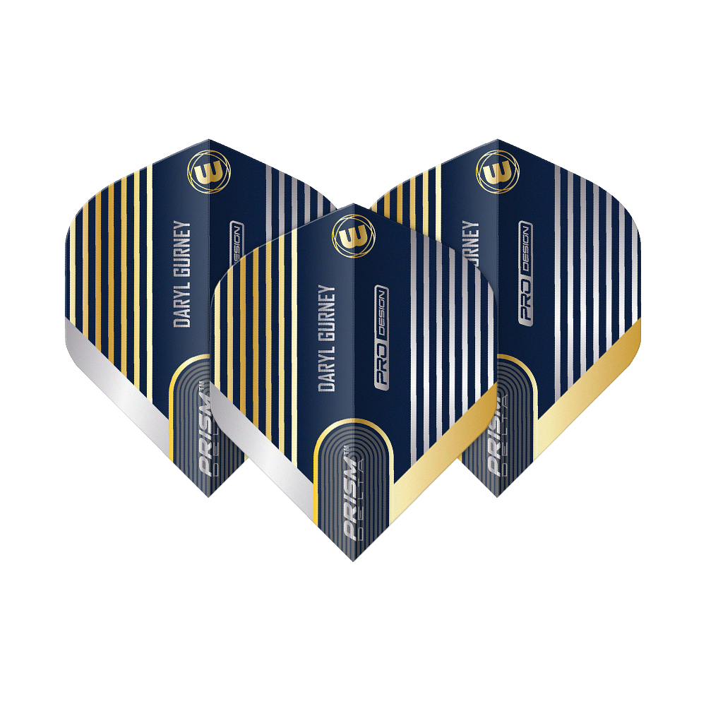 Winmau Prism Delta Daryl Gurney No2 Standard Flights Das Bild zeigt drei Winmau Prism Delta Daryl Gurney No2 Standard Flights. Die Flights sind dunkelblau mit goldenen und silbernen Streifen gestaltet und tragen den Namen "Daryl Gurney".