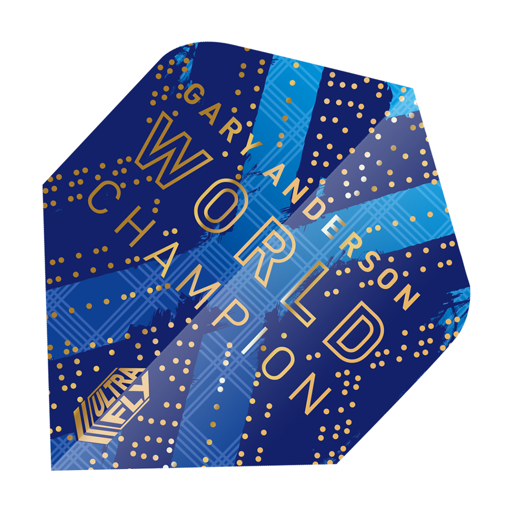 69451_Unicorn_World_Champion_Gary_Anderson_Phase_6_Plus_Flights_2 Das Bild zeigt einen blauen Dartflug mit goldenen Punkten und der Aufschrift "Gary Anderson World Champion". In der Ecke ist auch das Logo "Ultra Fly" zu sehen.