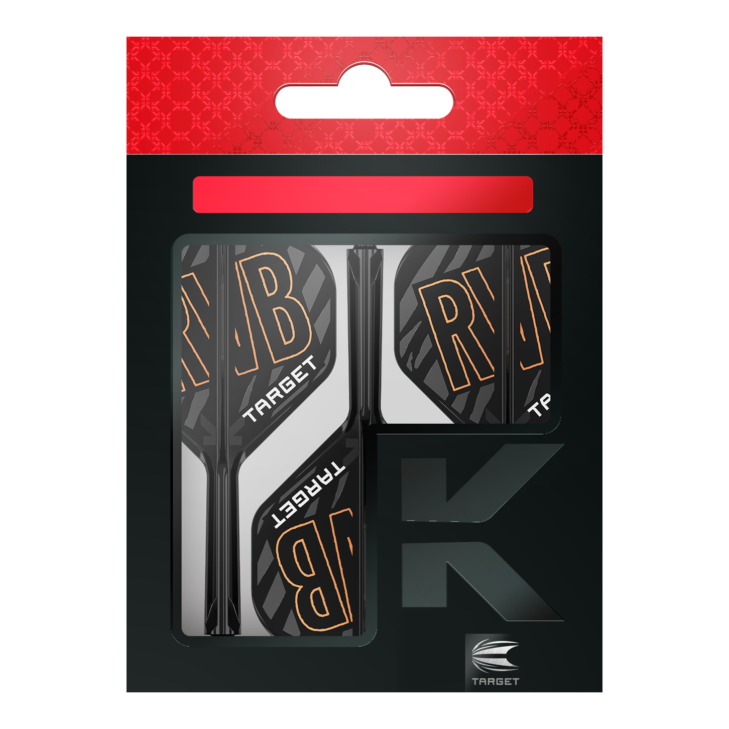 Target K-Flex Raymond Van Barneveld No2 Standard Flight Shaft System Auf dem Bild ist eine Verpackung mit Dartflights und -schäften der Marke Target zu sehen. Die Flights tragen die Buchstaben "RVB" und sind schwarz-weiß mit orangener Schrift gestaltet.