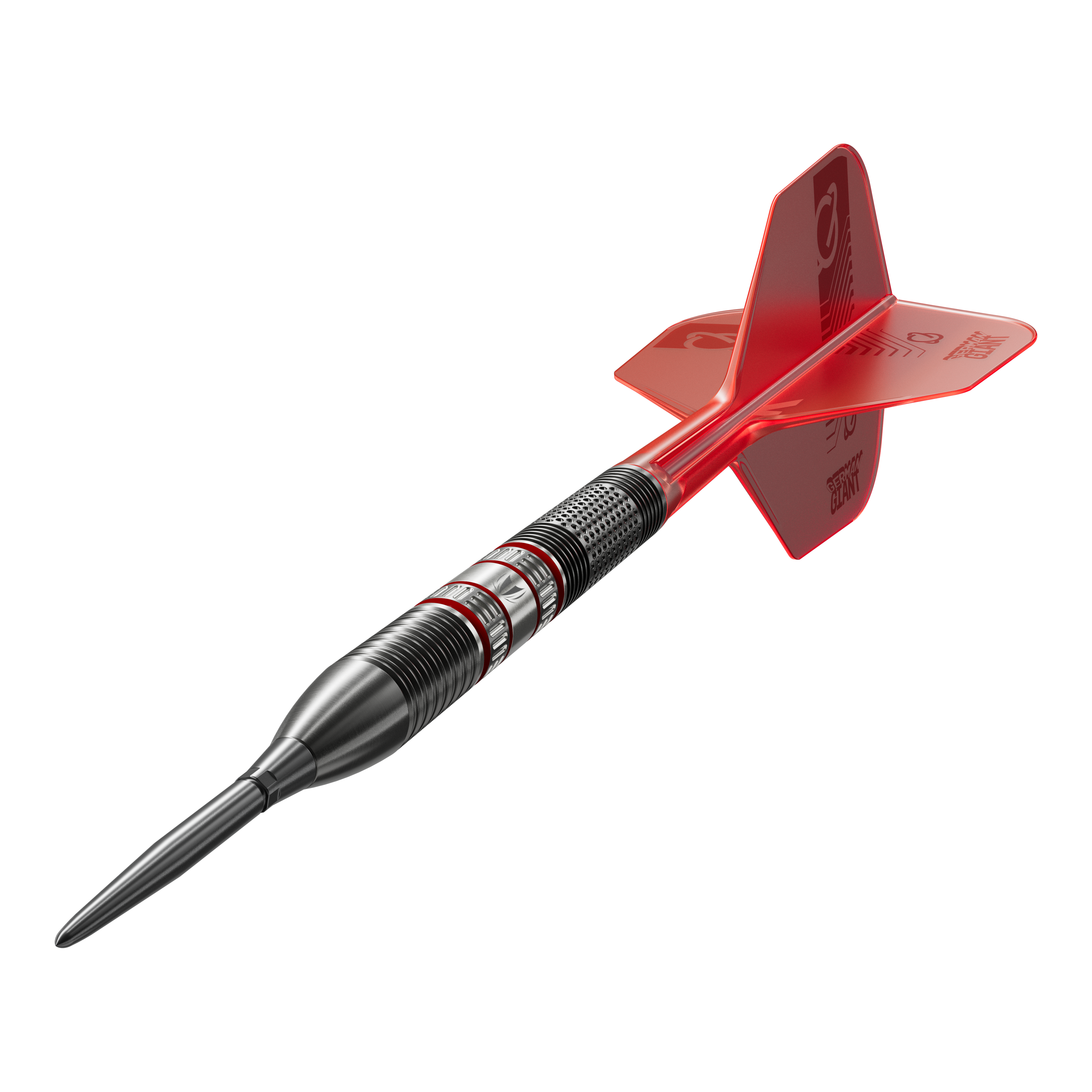 Target Gabriel Clemens 95K Swiss Point Steel Darts Das Bild zeigt einen Target Gabriel Clemens 95K Swiss Point Steeldart. Der Dart hat ein schwarzes Barrel mit roten Akzenten und rote Flights.