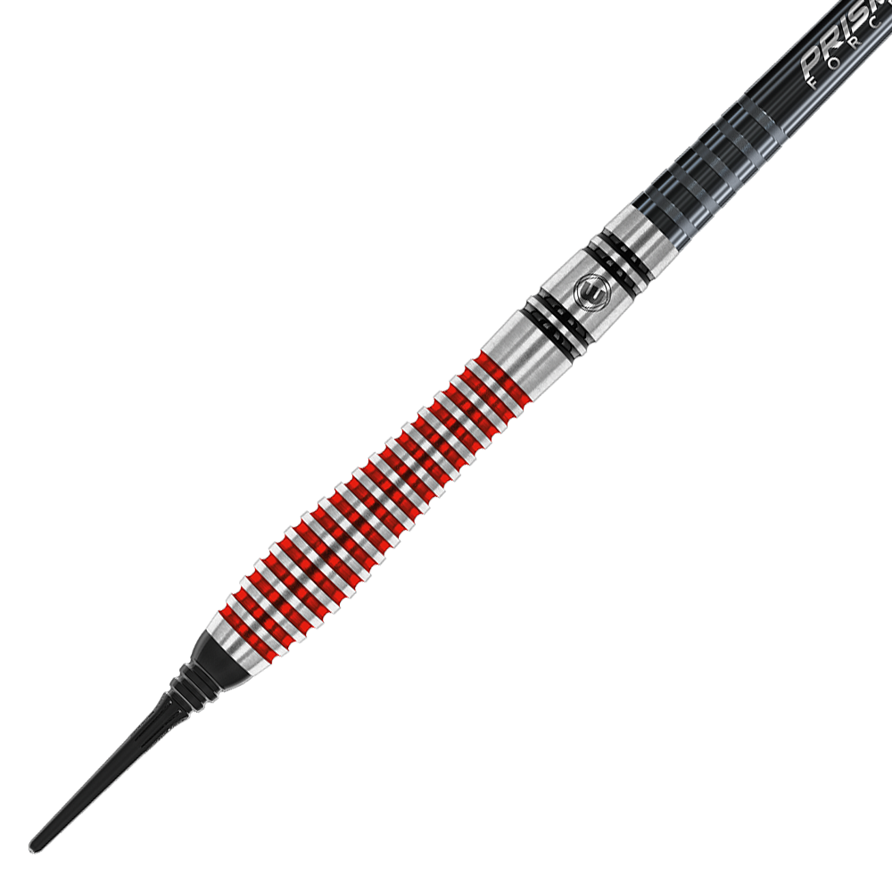 2452_Winmau_Dennis_Priestley_Special_Edition_Softdarts_2 Der Winmau Dennis Priestley Special Edition Softdart wiegt 22 Gramm. Er hat einen silbernen Barrel mit roten und schwarzen Rillen.
