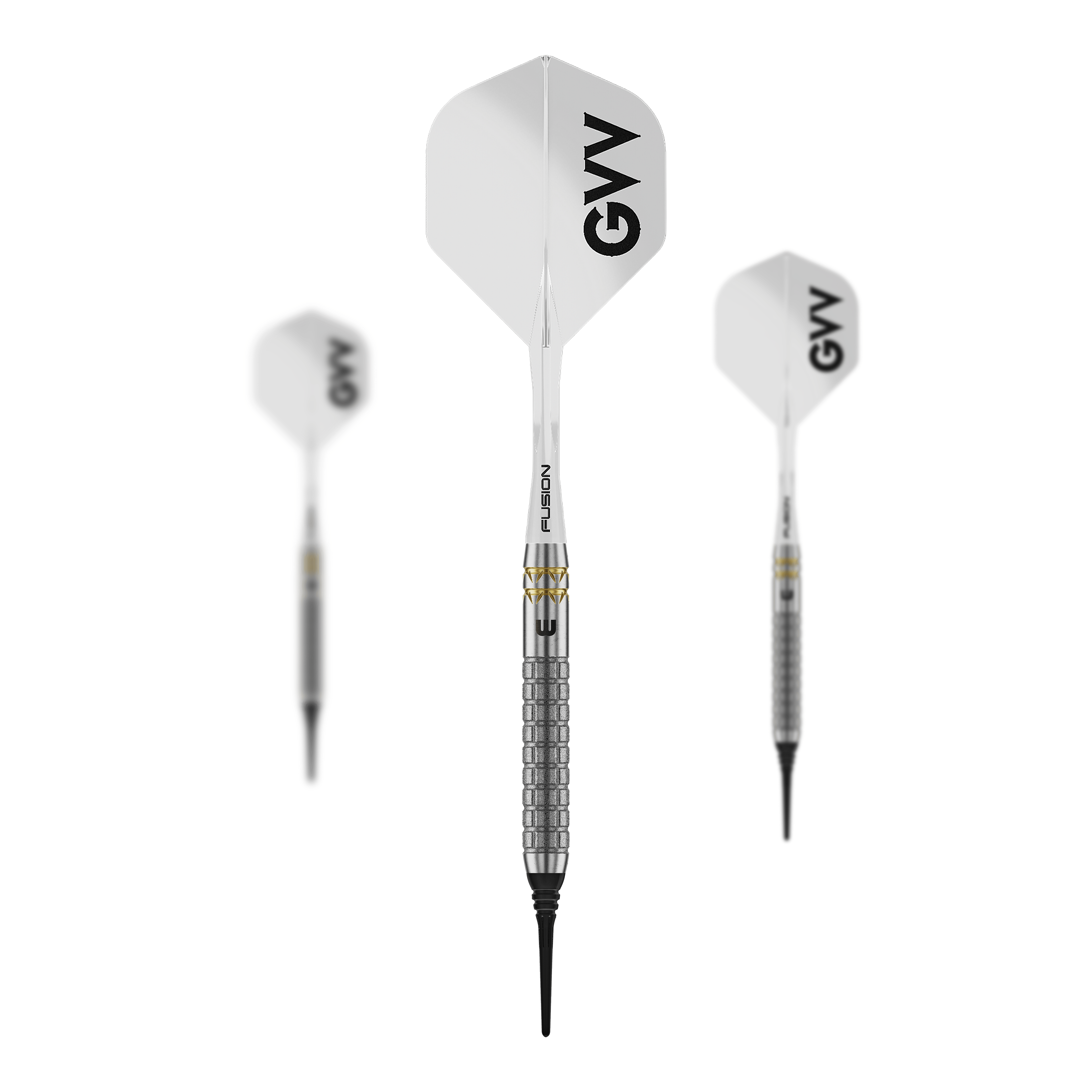 Auf dem Bild ist ein Set Winmau Gian Van Veen W-MAX Softdarts - 18g zu sehen. Drei Darts und das Zubehör sind abgebildet.