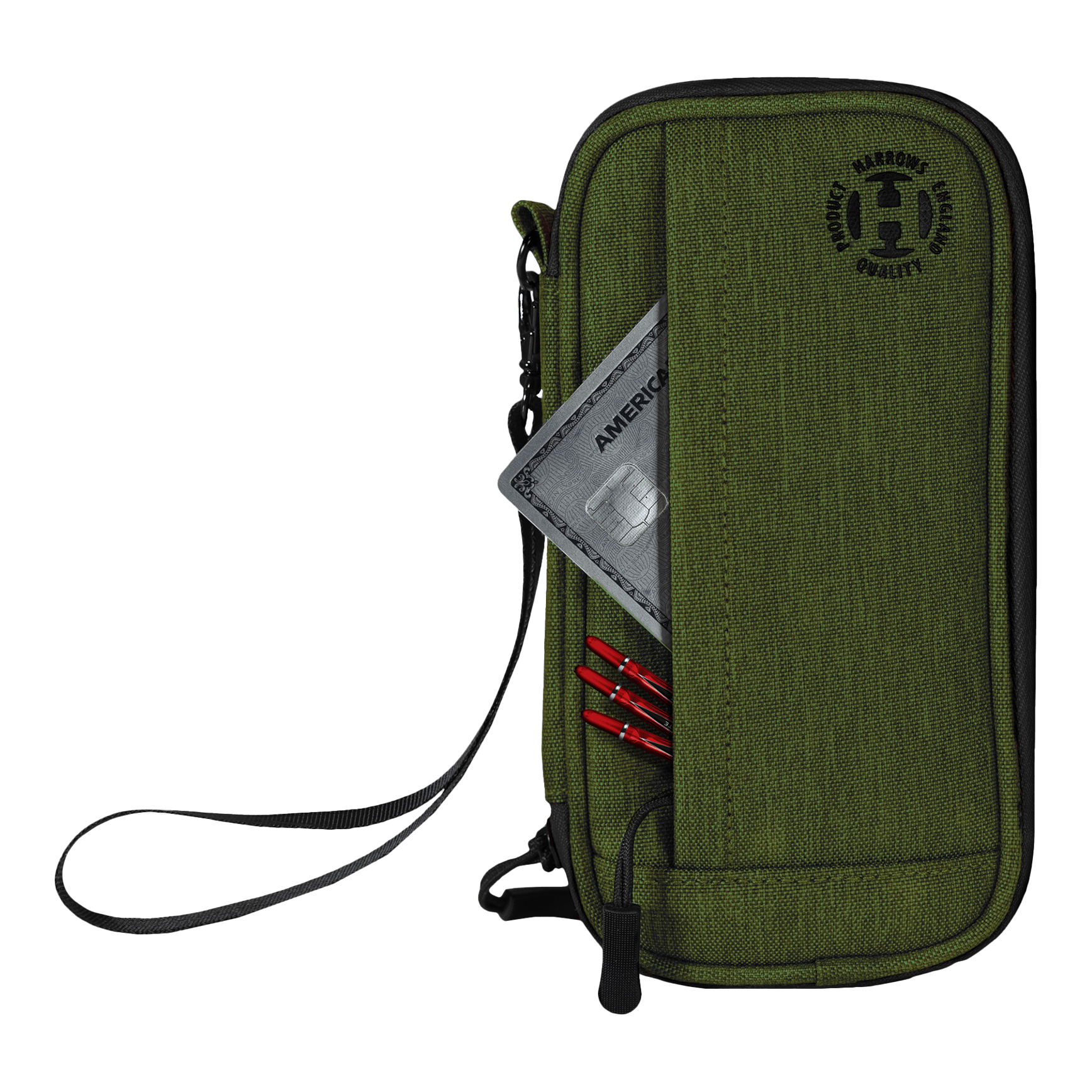 Harrows Smart Case Dartwallet Auf dem Bild ist ein grünes Dart-Etui mit einer Handschlaufe zu sehen. In einer Außentasche stecken eine Kreditkarte und mehrere rote Dartspitzen.