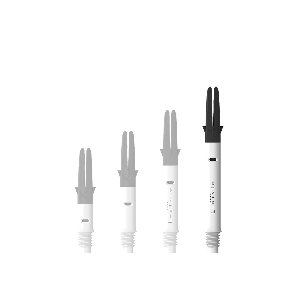 L-L-Style-Shaft Carbon Silent Straight - White Das Bild zeigt den L-Style L-Shaft Carbon Silent Straight in Weiß, Modell 330. Der Artikel ist ein stabiler Schaft für Dartpfeile.