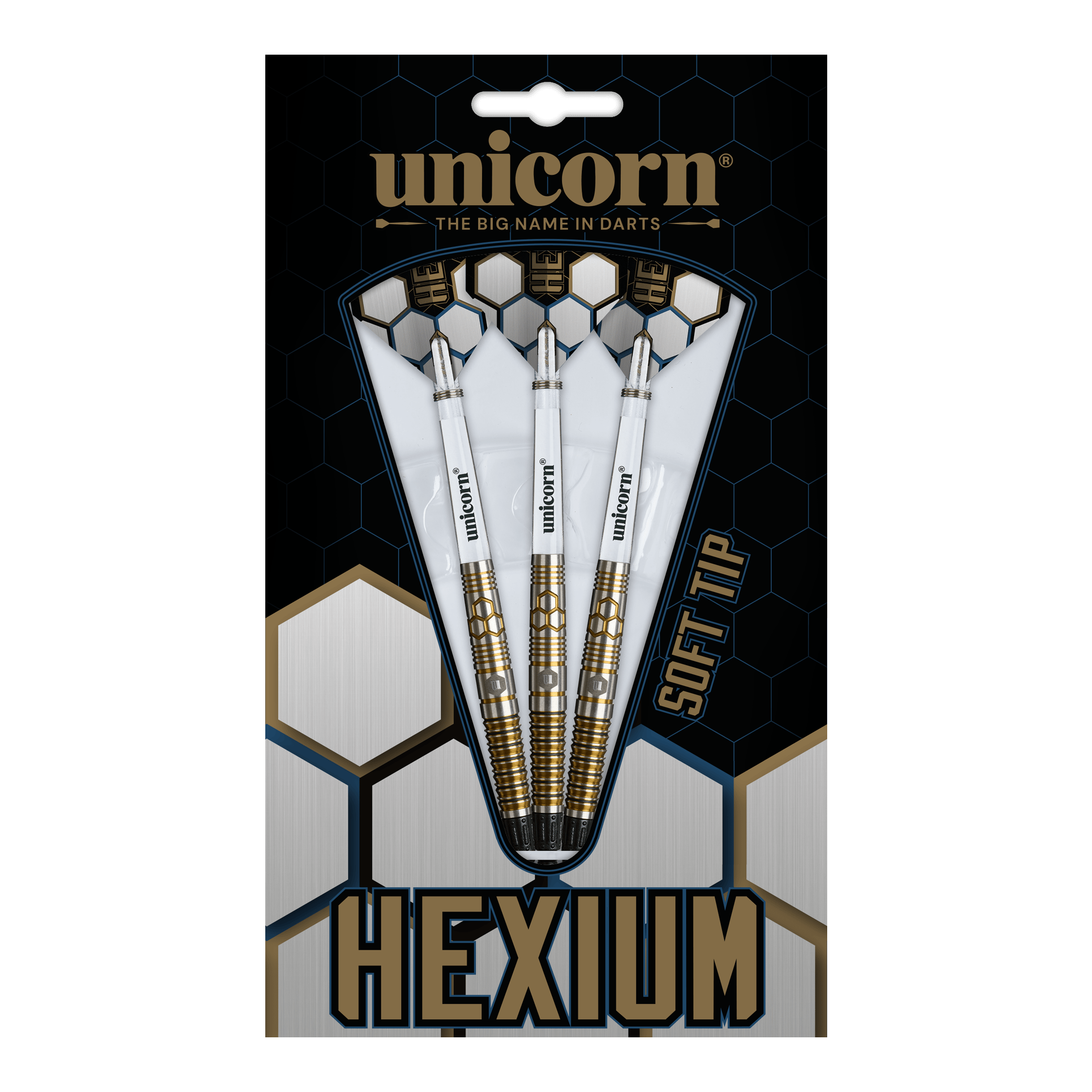 Unicorn Hexium Style 03 Gold & Black Soft Darts - 23g Abgebildet sind die Unicorn Hexium Style 03 Gold & Black Softdarts mit 23g. Die Pfeile zeichnen sich durch ihr elegantes Design in Gold und Schwarz aus.