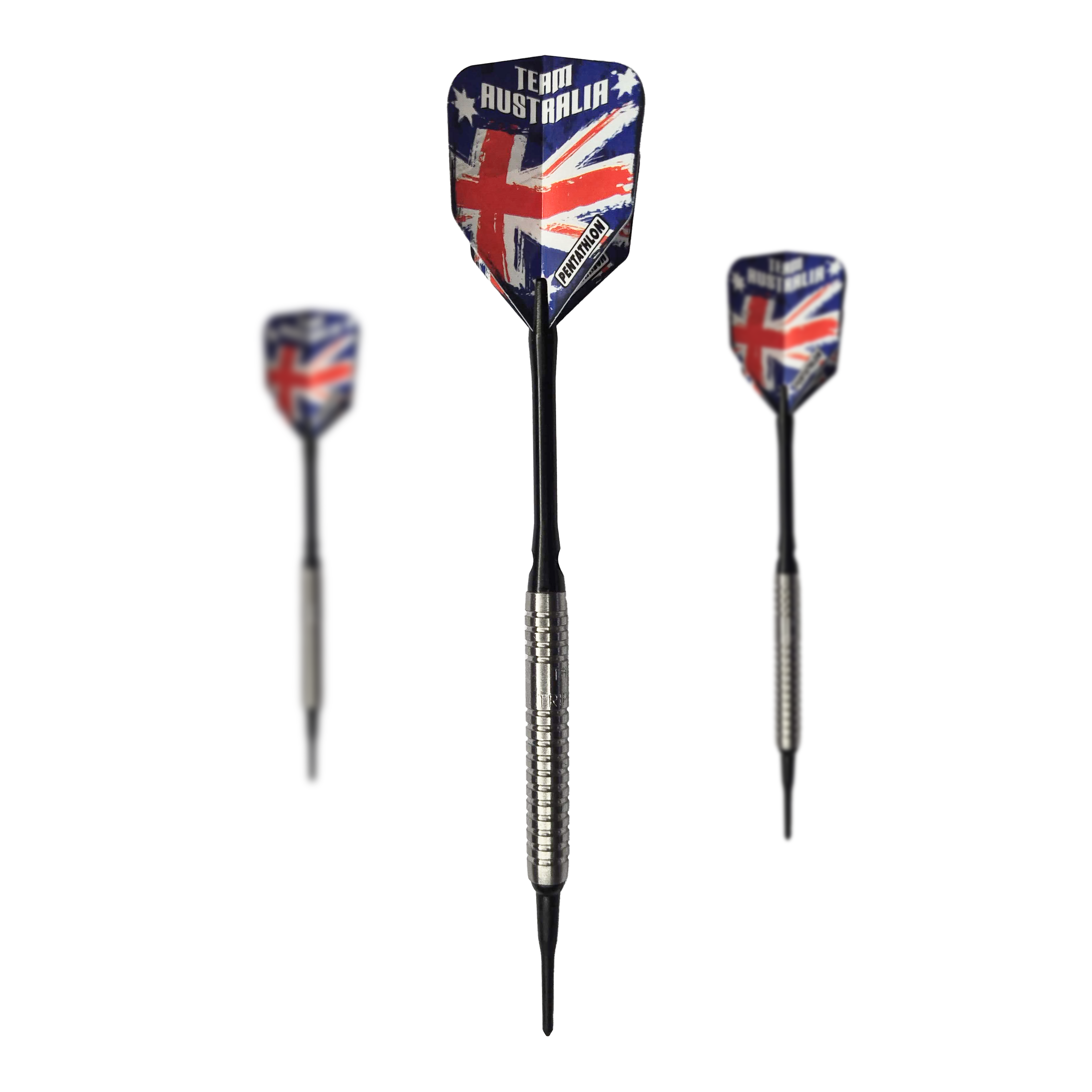 McDart 85 Tungsten V5 Soft Darts - 16g Das Bild zeigt drei Softdarts des Produkts „McDart 85er Tungsten V5 Softdarts - 16g“. Die Flights sind im Design der australischen Flagge gehalten und haben den Schriftzug „Team Australia“.