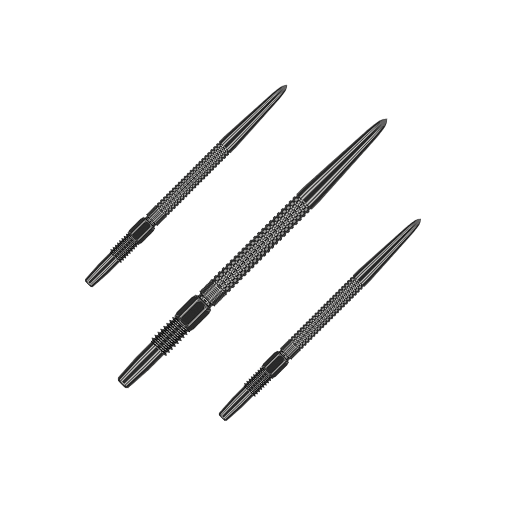 Target Swiss Point Nano Dartspitzen - Black Das Bild zeigt drei schwarze Dartspitzen des Produkts "Target Swiss Point GRD Black Dartspitzen". Die Spitzen haben eine strukturierte Oberfläche für besseren Halt.