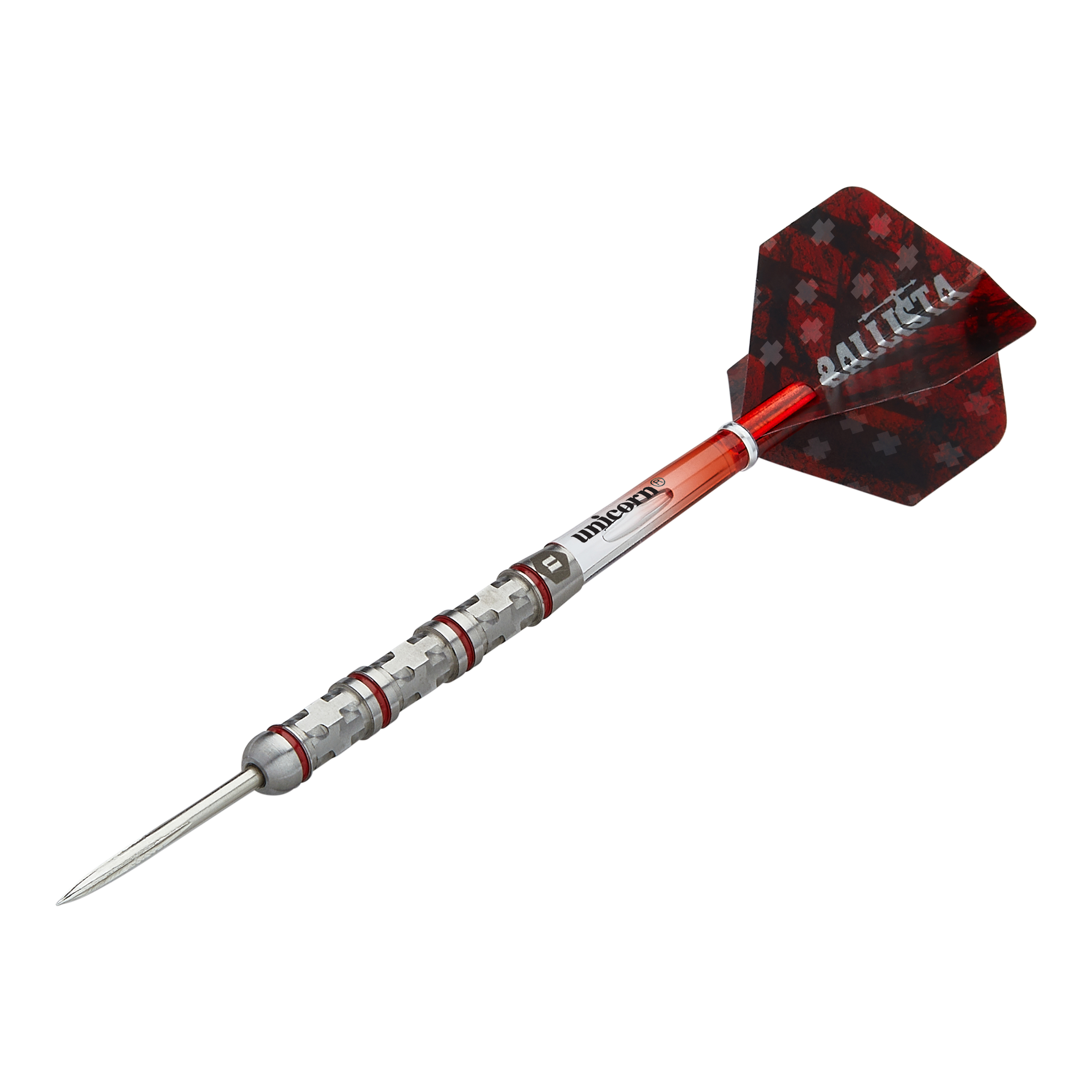 Unicorn Ballista Style 4 steel darts Das Bild zeigt einen Unicorn Ballista Style 4 Steeldart. Der Dartpfeil hat eine rot-silberne Farbgebung und ein markantes Flight-Design.