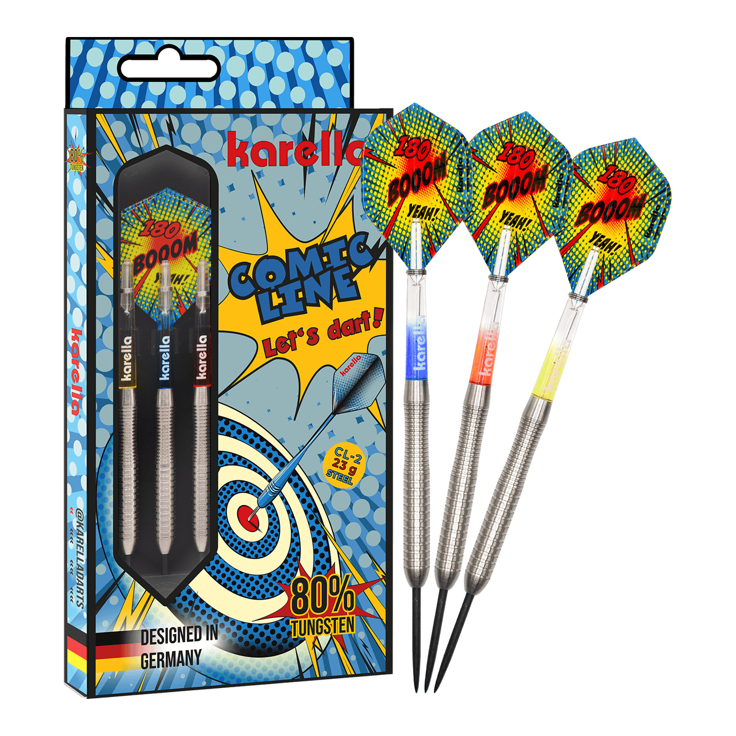 Zu sehen ist das vollständige Set der Karella Comic Line CL-2 Steeldarts in 23g. Die Steeldarts bieten eine gute Balance für ambitionierte Spieler.