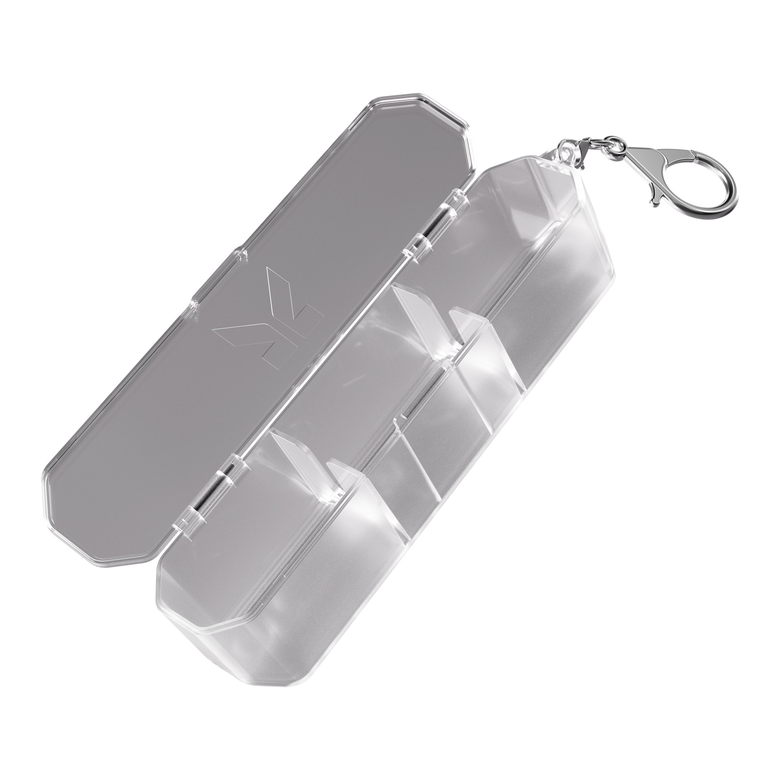 Target K-Flex K-Case Flight Box Die Abbildung zeigt das Produkt "Target K-Flex K-Case Flightbox". Es handelt sich um eine transparente Kunststoffbox mit Fächern und einem Karabinerhaken zur Befestigung.